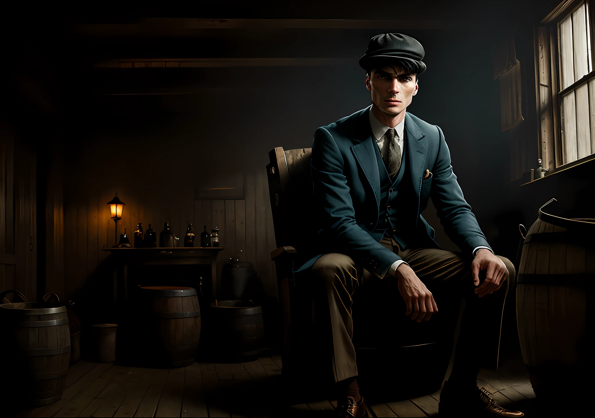 Thomas shelby sitting in the barrel old truck peaky blinders clear photo: realistic epic, smooth cinematic portrait, adobe lightroom, photographic lab, highly detailed, faded, art by greg rutkowski and artgerm ,neutral colors: 1,2), (hdr:1,4) , (soft colors:1.2), hyperdetailed, (artstation:1.4), cinematic, warm lights, dramatic light, (intricate details:1.1), complex background, (rutkowski:0.66), (blue and orange:0.4)