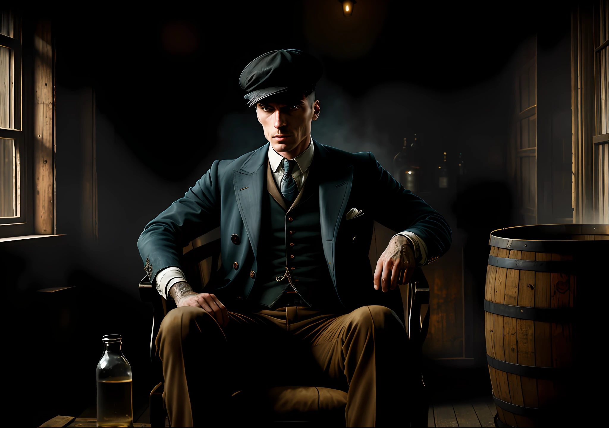 Thomas shelby sitting in the barrel old truck peaky blinders clear photo: realistic epic, smooth cinematic portrait, adobe lightroom, photographic lab, highly detailed, faded, art by greg rutkowski and artgerm ,neutral colors: 1,2), (hdr:1,4) , (soft colors:1.2), hyperdetailed, (artstation:1.4), cinematic, warm lights, dramatic light, (intricate details:1.1), complex background, (rutkowski:0.66), (blue and orange:0.4)