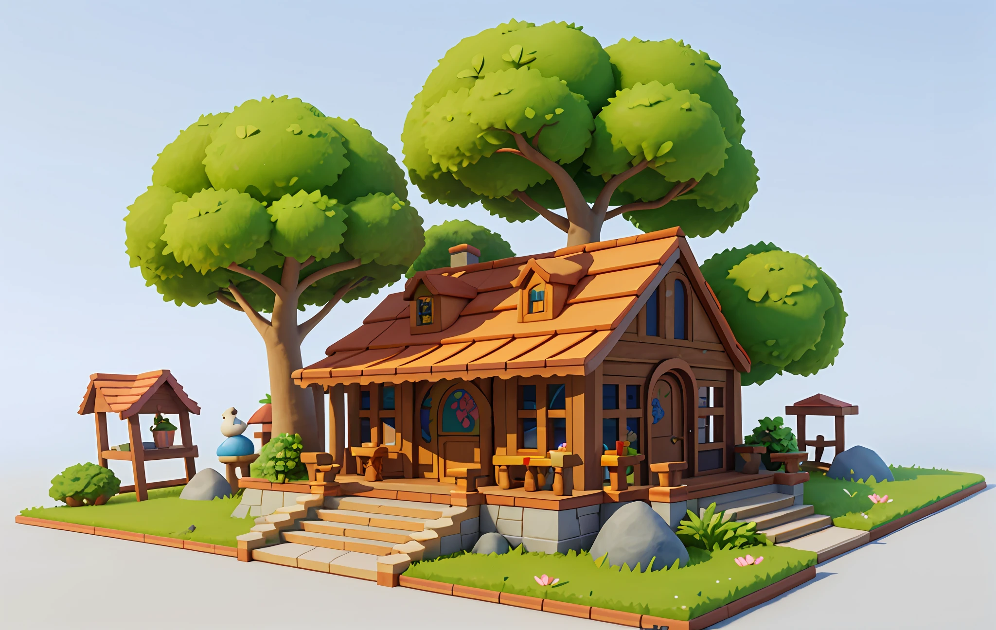 Cartoon style, polygon, game architectural design, fantasy, charming concert hall, large piano, bar, tables, Musical Instruments, stones, bricks, grass, flowers, trees, casual game style, creative, best details, cartoon style, 3d, blender, masterpiece, best quality, cartoon rendering, 8K