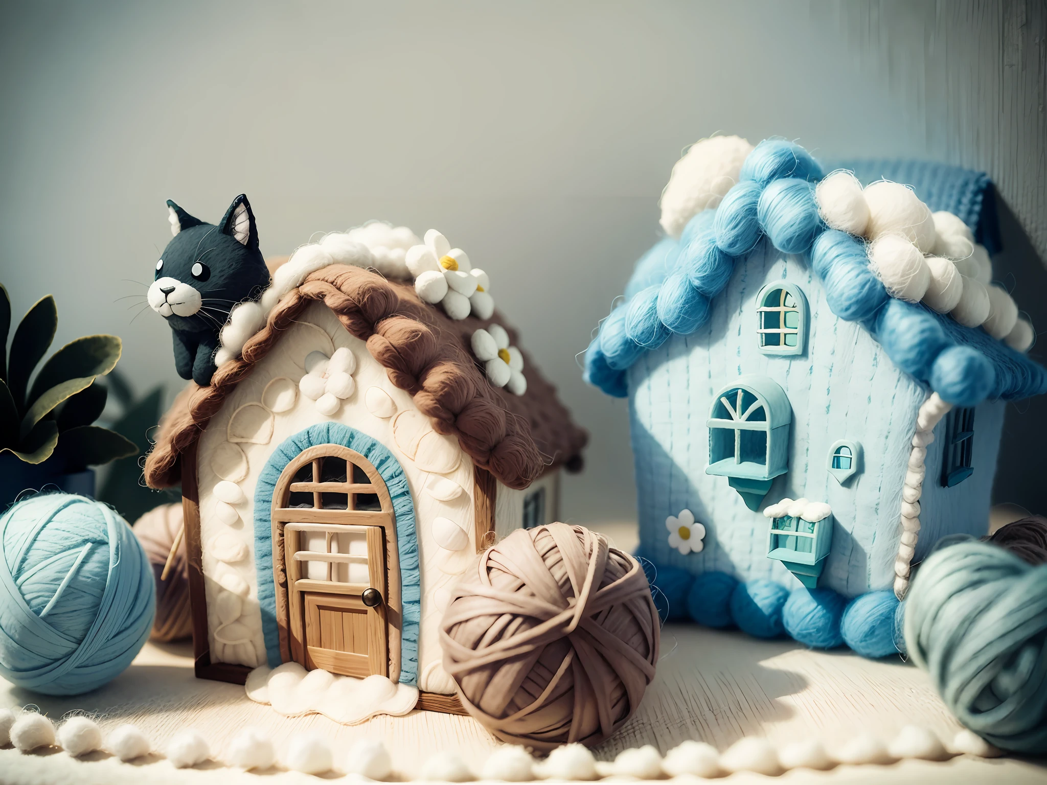 (Wool felt, wool knitted fabric, cute world of cartoon), cottage, flower house, flowers, animals, super cute, superb lighting, volume, by Jon Klassen, Studio Ghibli style, 80mm lens, large aperture, 3D, masterpiece, super detail, best quality