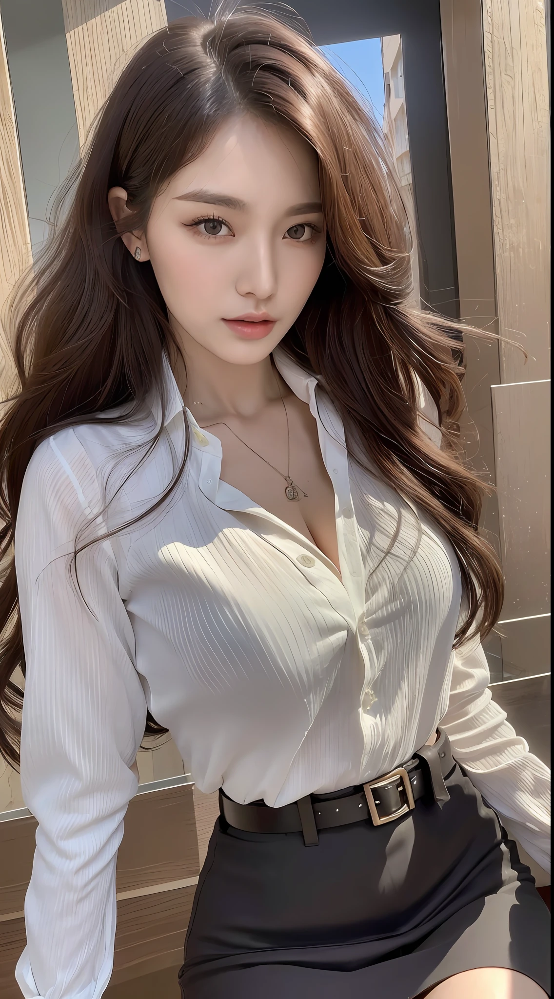 (Best quality, High resolution, Masterpiece :1.3), A tall and pretty woman, Slender abs, Dark brown hair styled in loose waves, Breasts, Wearing pendant, White button up shirt, Belt, Black skirt, (Modern architecture in background), Details exquisitely rendered in the face and skin texture, Detailed eyes, Double eyelid