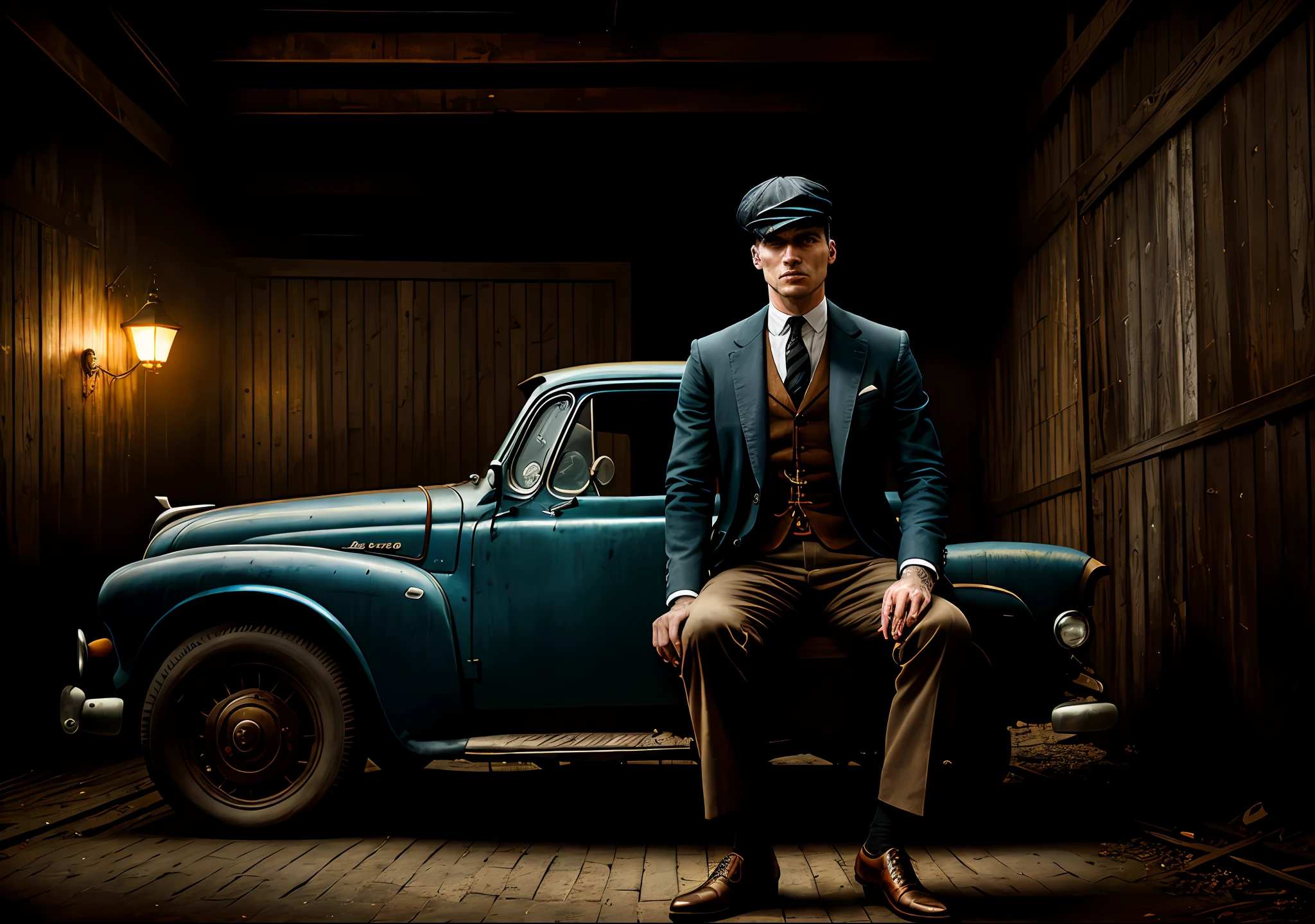 Thomas shelby sitting in the barrel old truck peaky blinders clear photo: realistic epic, smooth cinematic portrait, adobe lightroom, photographic lab, highly detailed, faded, art by greg rutkowski and artgerm ,neutral colors: 1,2), (hdr:1,4) , (soft colors:1.2), hyperdetailed, (artstation:1.4), cinematic, warm lights, dramatic light, (intricate details:1.1), complex background, (rutkowski:0.66), (blue and orange:0.4)