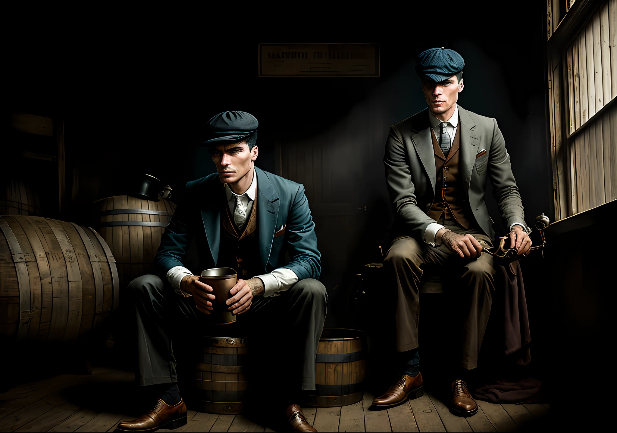Thomas shelby sitting in the barrel old truck peaky blinders clear photo: realistic epic, smooth cinematic portrait, adobe lightroom, photographic lab, highly detailed, faded, art by greg rutkowski and artgerm ,neutral colors: 1,2), (hdr:1,4) , (soft colors:1.2), hyperdetailed, (artstation:1.4), cinematic, warm lights, dramatic light, (intricate details:1.1), complex background, (rutkowski:0.66), (blue and orange:0.4)
