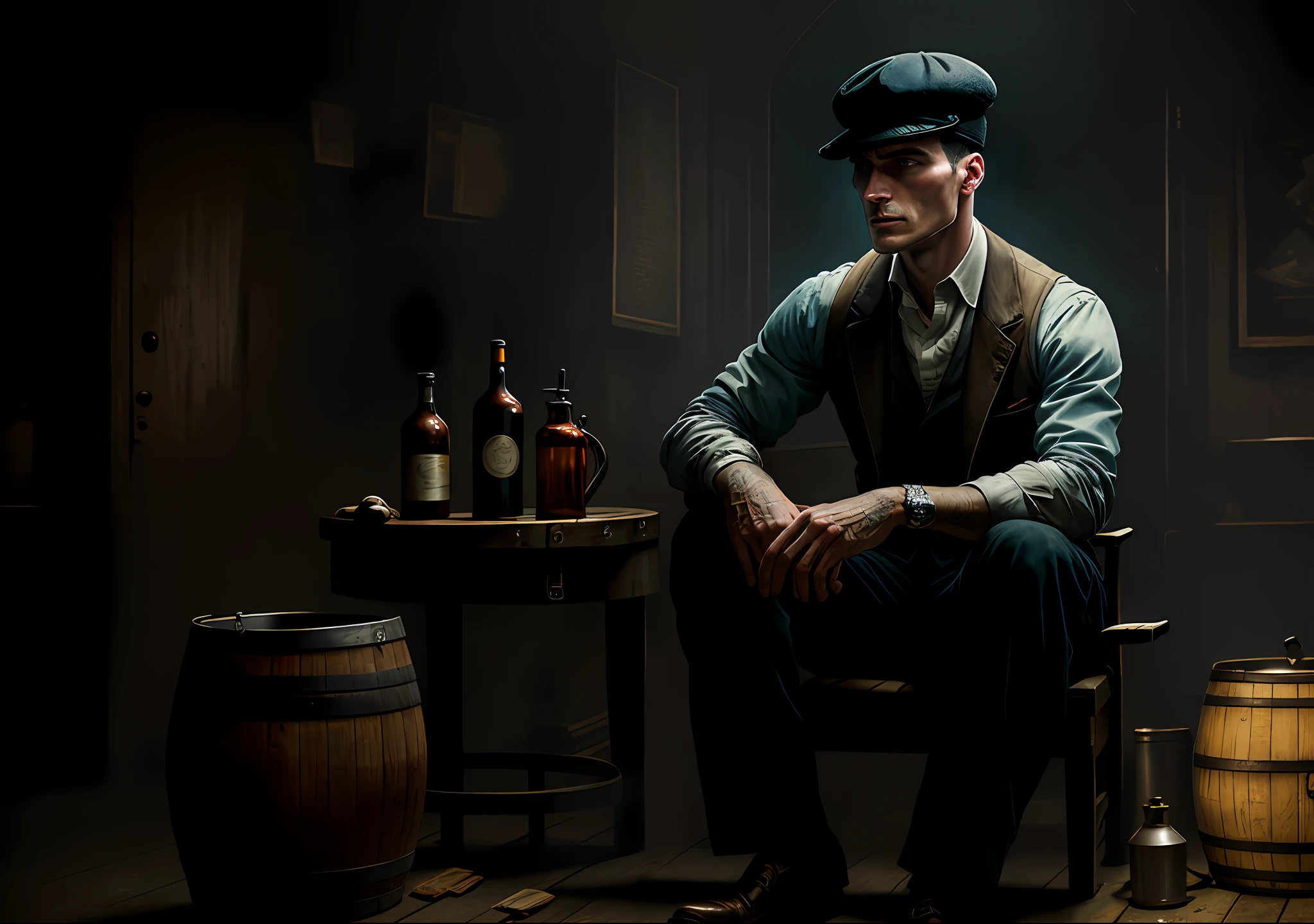 Thomas shelby sitting in the barrel old truck peaky blinders clear photo: realistic epic, smooth cinematic portrait, adobe lightroom, photographic lab, highly detailed, faded, art by greg rutkowski and artgerm ,neutral colors: 1,2), (hdr:1,4) , (soft colors:1.2), hyperdetailed, (artstation:1.4), cinematic, warm lights, dramatic light, (intricate details:1.1), complex background, (rutkowski:0.66), (blue and orange:0.4)
