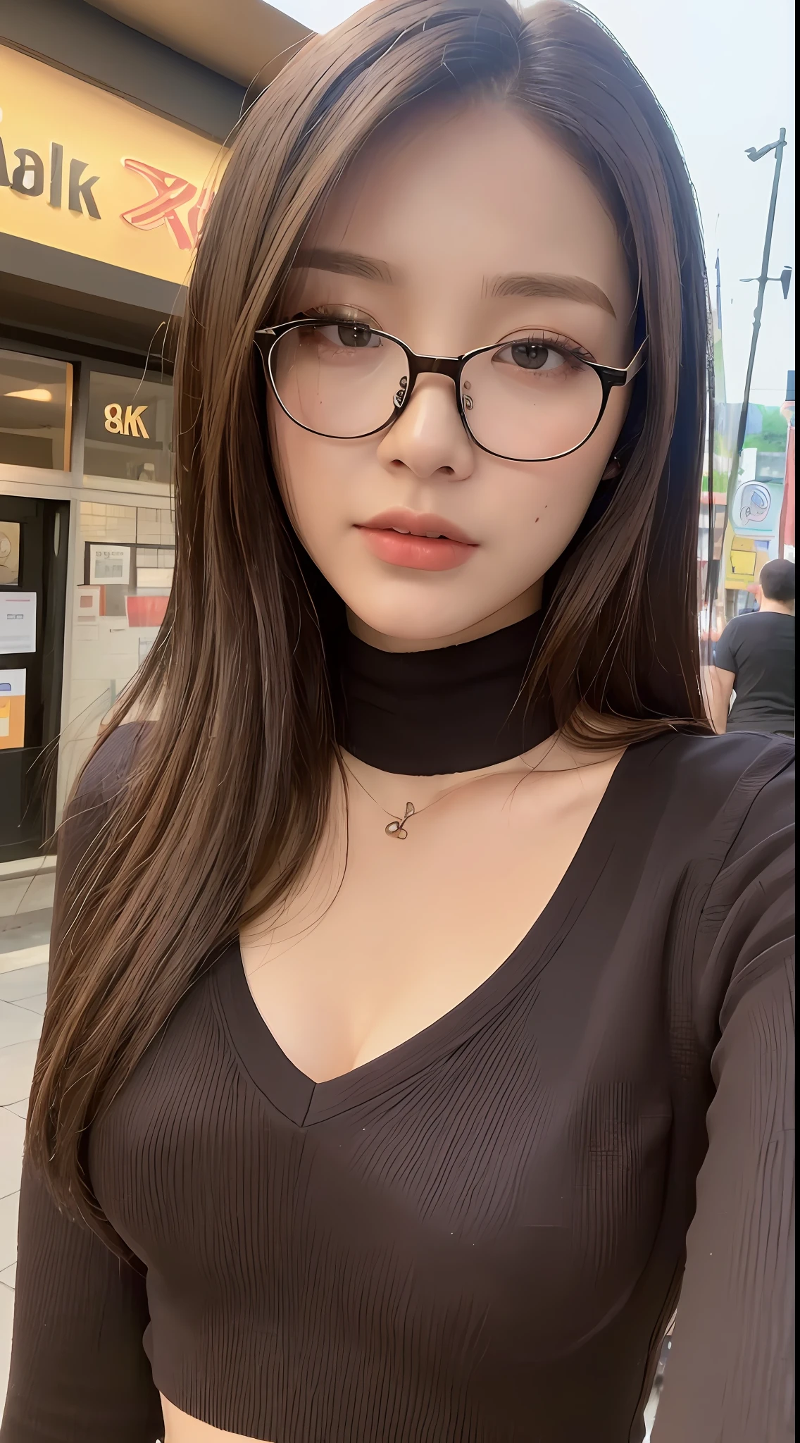 ((Best quality, 8k, Masterpiece :1.3)), Sharp focus :1.2, A pretty woman with glasses, perfect figure :1.4, Slender abs :1.2, ((Dark brown hair, Medium breasts :1.2)), (V neck long sleeves shirt, Cut off shorts :1.1), City street:1.2, Highly detailed face and skin texture, Detailed eyes, Double eyelid