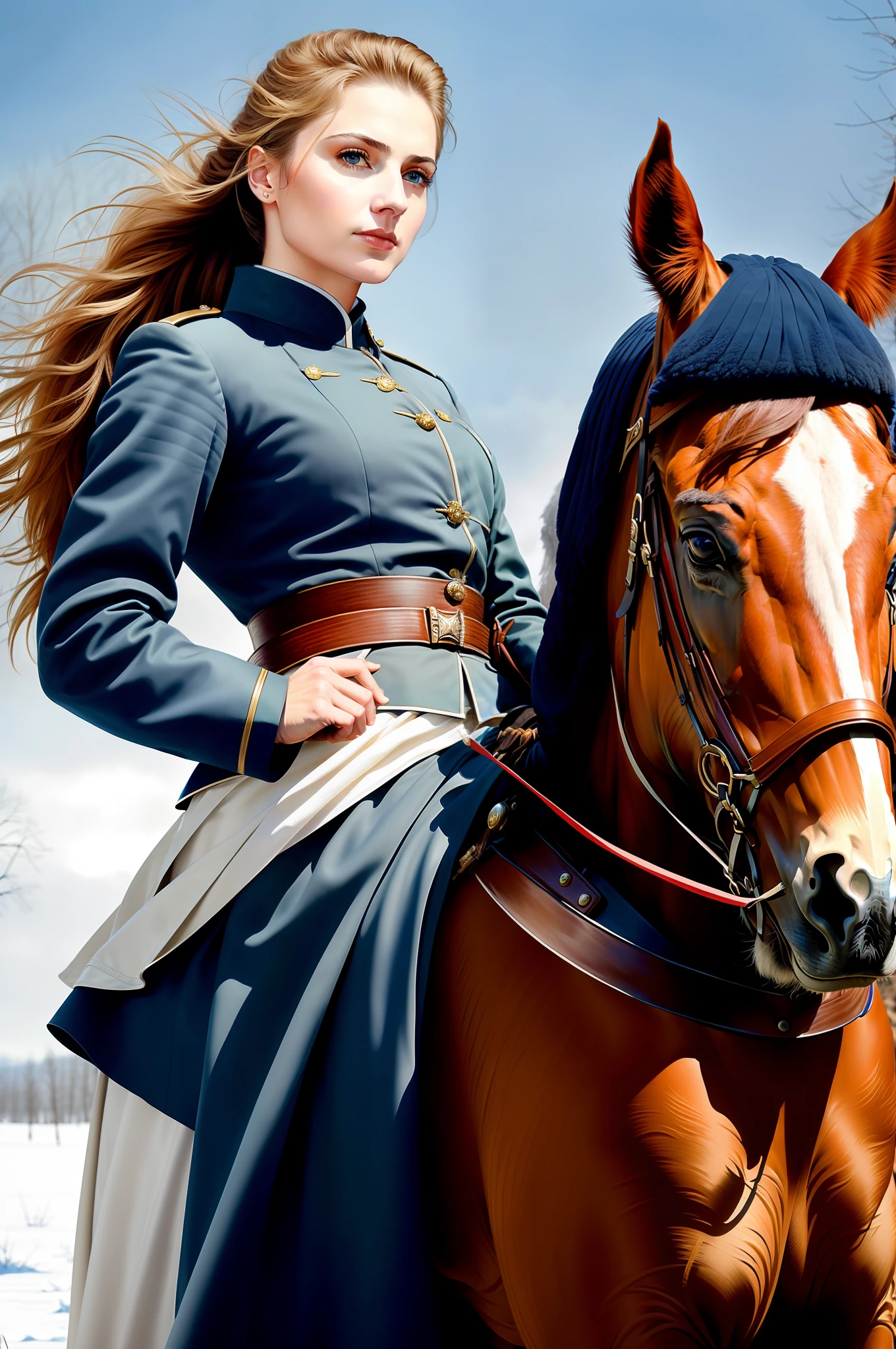 Russian amazingly beautiful woman, [[on horseback], charge, mature female soldier, ((((cavalry))), soldier, soldier, ((holding up a saber)), realistic physiology, powerful gaze, stocky physique, winter coat, (((realistic face)) ponytail, pale skin, blue eyes, ((big)), (World War II))), (white sigh), (center of frame))), ((beautiful composition)) ), ((Professional composition)))), ((Elegant composition)))), ((Long skirt)), ((Front shot)), (Facing the viewer))), (Focus on the face))), ((Detailed facial anatomy)))), (Look at the camera)))), (Look at the viewer))), (Sunlight lighting)