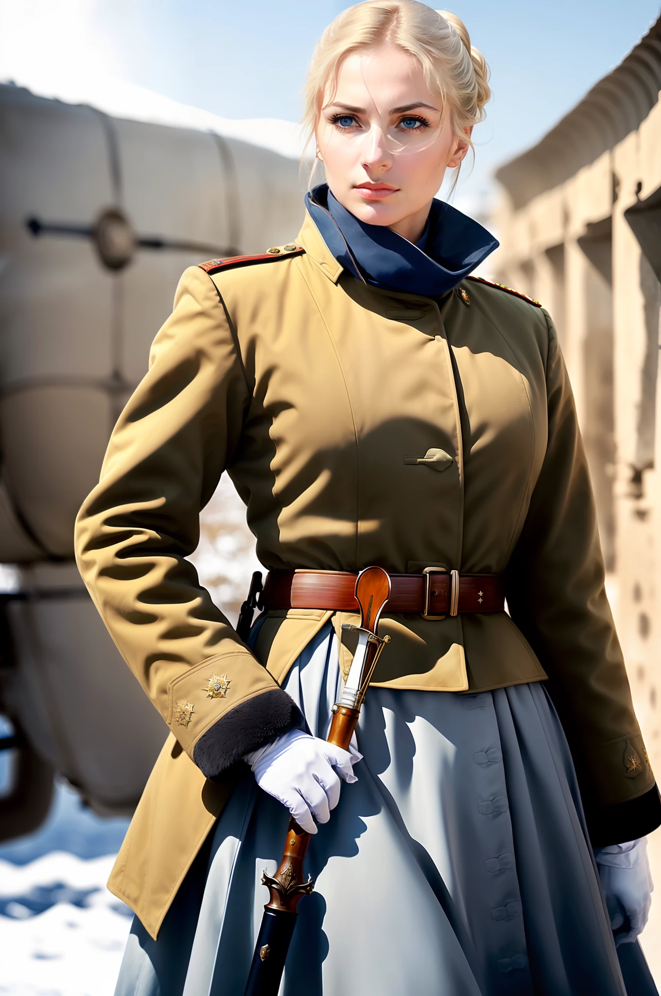 Russian amazingly beautiful woman, mature female soldier, ((((Cavalry))), soldier, ((holding a saber)), realistic physiology, powerful gaze, stocky physique, winter coat, (((realistic face)) ponytail, pale skin, blue eyes, (((big)), (World War II))), (white sigh), (center of frame))), ((beautiful composition))), (professional composition)))) , ((Elegant composition)))), ((Long skirt)), ((Front shot)), (Facing the viewer))), (Focus on the face))), ((Detailed facial anatomy)))), ((Look at the camera))), (Look at the viewer))), (Sunlight lighting)