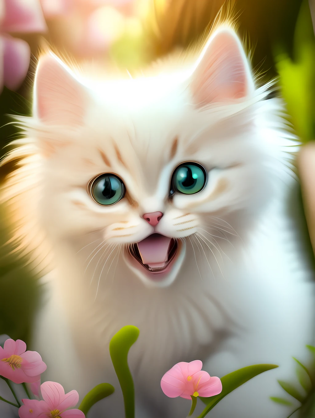 Very cute furry white tropical punk kitten, big eyes, flowers, bushes, full body, open mouth, laugh, professional light, depth of field 8k, golden magic moment, professional photography, octane rendering, super realistic - amazing sunlight, dynamic composition, photography, sharp focus, background bokeh, open mouth, laugh !!!