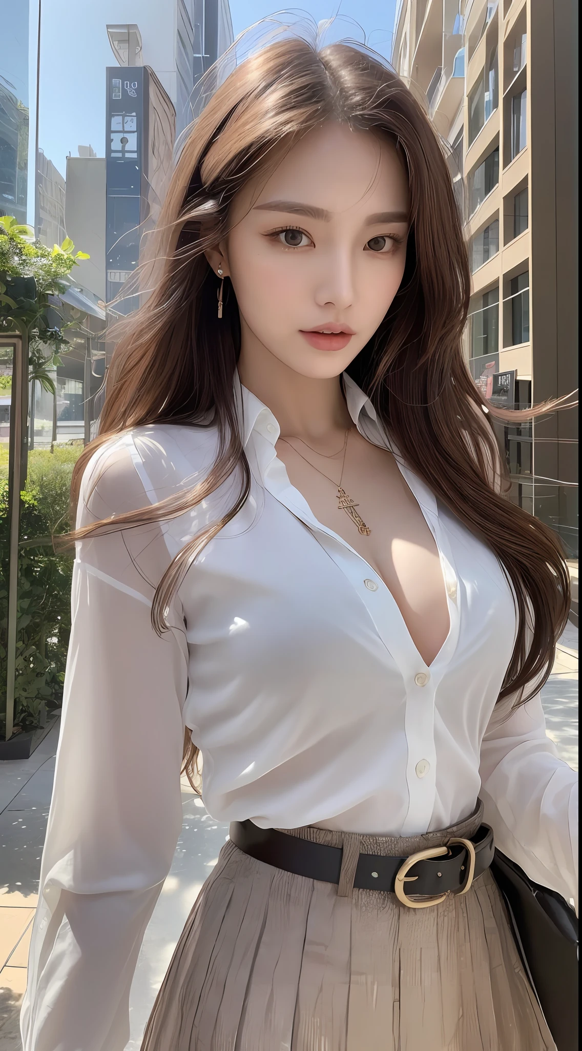 (Best quality, High resolution, Masterpiece :1.3), A tall and pretty woman, Slender abs, Dark brown hair styled in loose waves, Breasts, Wearing pendant, White button up shirt, Belt, Black skirt, (Modern architecture in background), Details exquisitely rendered in the face and skin texture, Detailed eyes, Double eyelid