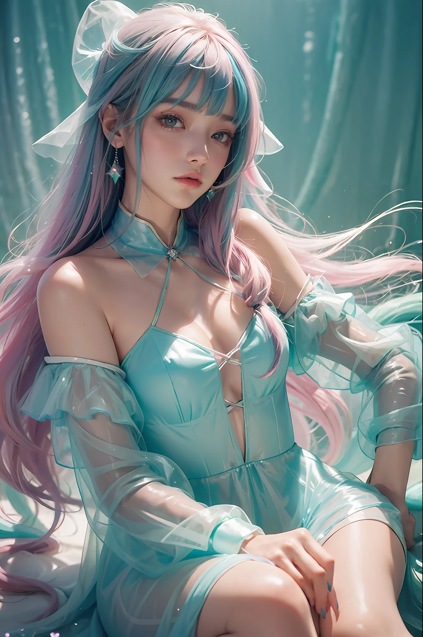 (fluorescent colors:1.4),(translucent:1.4),(retro filters:1.4), (fantasy:1.4), candy world Disney land ethereal soft fluffy soft landscape forest snowavatar Pastel pink sky green blue sparkle ethereal light pastel whimsical light rainbow stars diamonds sparkle gemstone background hyper realistic Ultra quality cinematic lighting immense detail Full hd painting Well lit,diagonal bangs,
collared dress,on side
masterpiece, best quality,realskin,(portrait:1.5), 1girl, blunt bangs, long hair