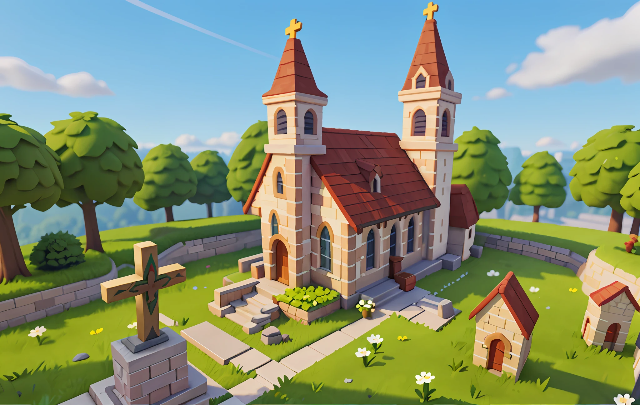 Cartoon style, polygon, game architectural design, fantasy, solemn church, cross decoration, stone, brick, grass, flowers, trees, casual game style, creative, best details, cartoon style, 3d, blender, masterpiece, best quality, cartoon rendering, 8K