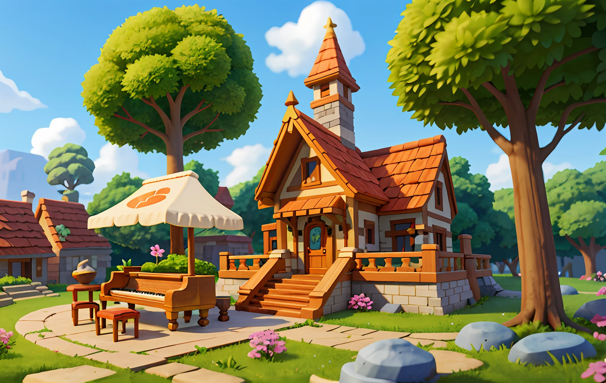 Cartoon style, polygon, game architectural design, fantasy, charming concert hall, large piano, bar, tables, Musical Instruments, stones, bricks, grass, flowers, trees, casual game style, creative