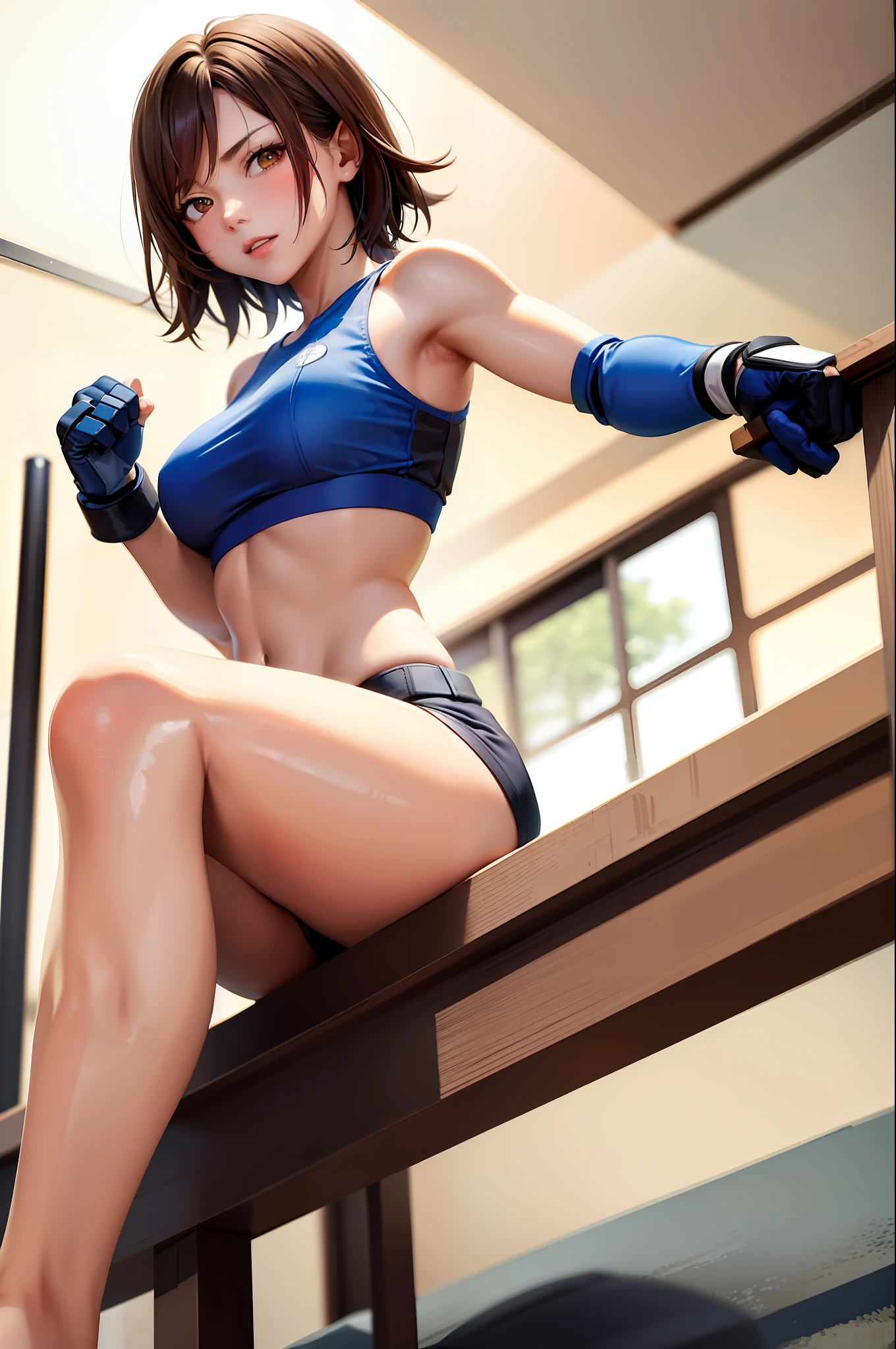 (masterpiece, premium quality: 1.2), alone, strong, 1girl (Kazama Asuka), short brown hair, brown eyes, crouched in the gym, armps up, armpit, wearing short top, shorts, (gloves: 1.1).