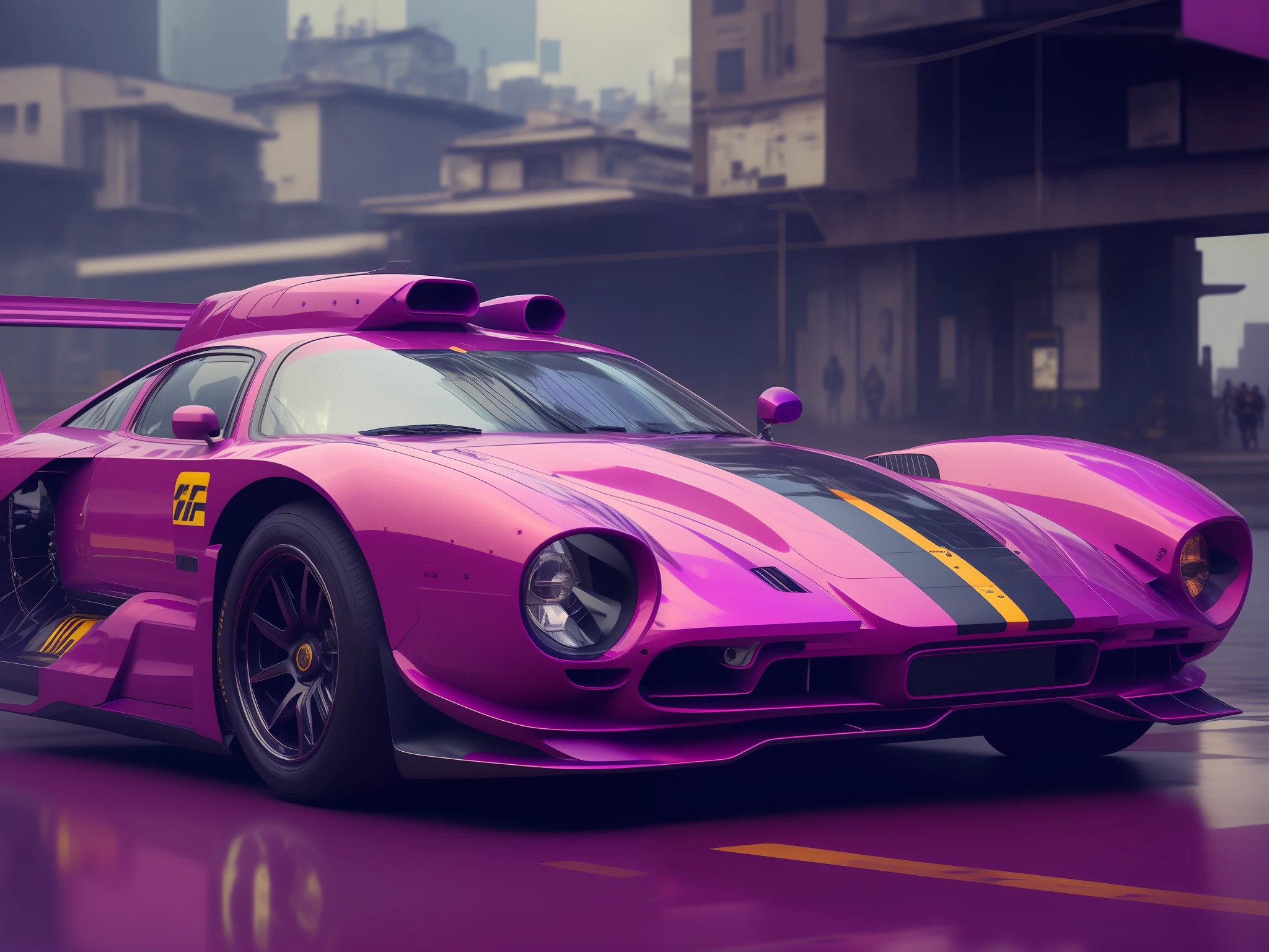purple car with yellow stripes on the front, cyberpunk car, cyberpunk vibrant colors, cyberpunk art ultrarealistic 8k, cyberpunk 8 k, avantgarde 4k wallpaper, cyberpunk style , hyperrealistic, wallpaper 4k, wallpaper 4 k, hq 4k wallpaper, hq 4k phone wallpaper, neon cyberpunk vibrant colors, hyper-realistic cyberpunk style