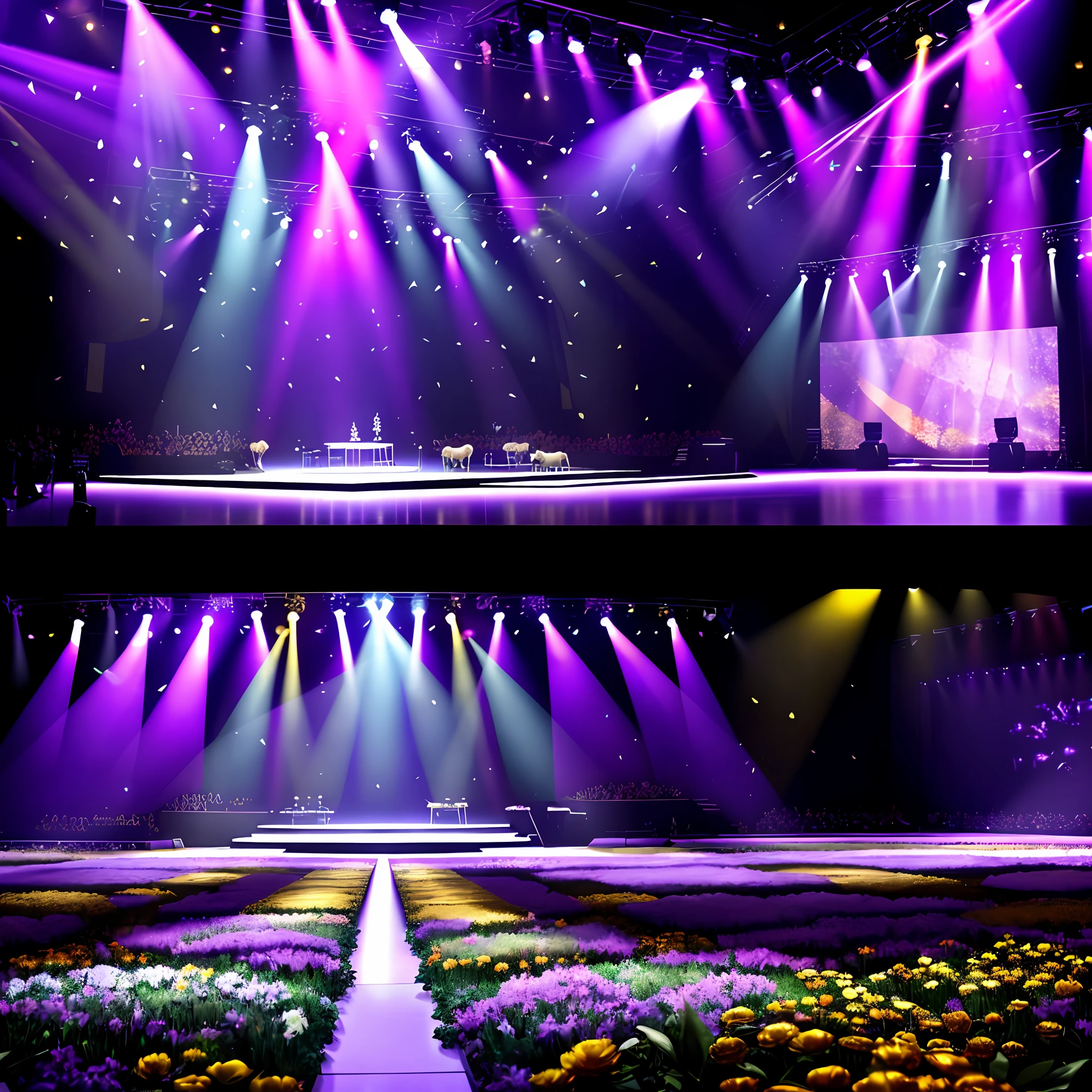 The performance space of the stage is divided into two spaces, left and right, by golden lights. The left half of the stage is the room that illuminates the animals with purple spotlights. The right side of the stage is lit with white high-intensity spotlights showing the park's roads and flowers. Reduce the use of light intensity