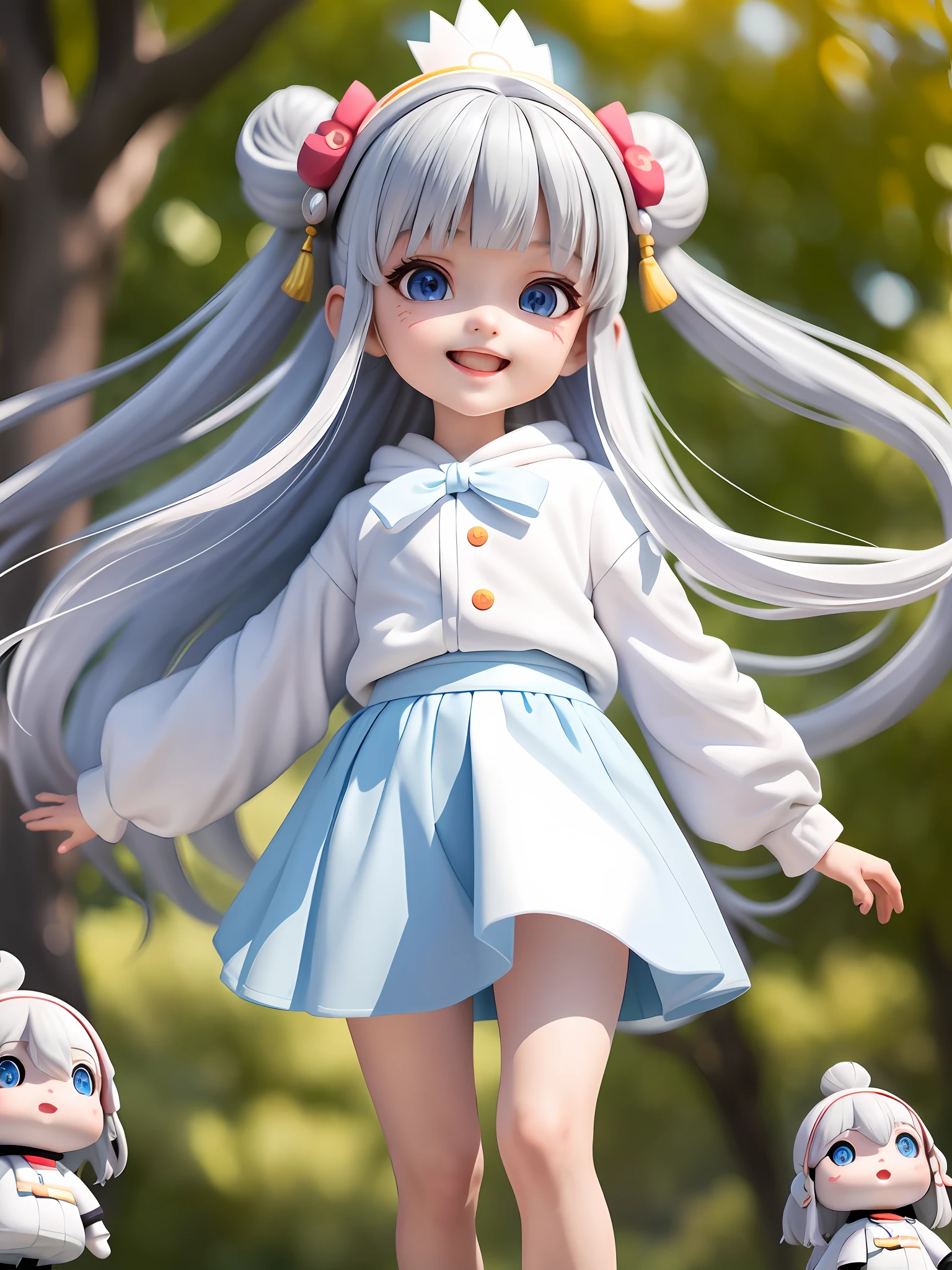 (Daisaku), (Extreme), (Ultra Detailed), (Prime: 1.9), 1girl, Sunshine, Cute, White, (Big Head: 1.8), Doll, Smile, Open Mouth, Urban, Fashion, Sports Coat, Blush, Tree, Shirt, Long Hair, Red, White Headdress, Blurry, Long Sleeves, Bangs, White Hair, (Beautiful and Delicate Face), (Beautiful Delicate Eyes),