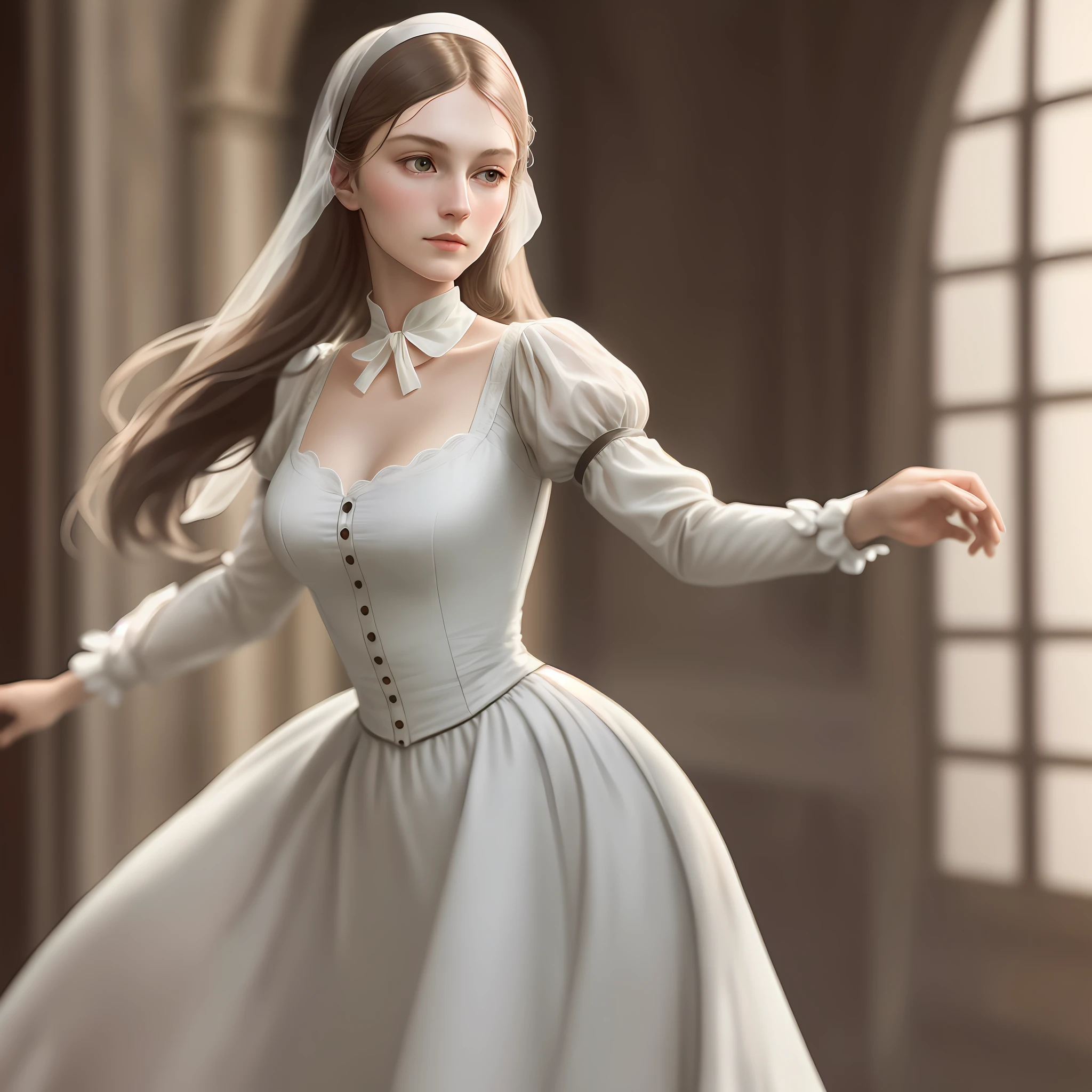 Amazingly beautiful girl from England, Florence Nightingale, (realistic face)), big, ballet moves, damp, white formal shirt, loose collar buttons, nipple bumps, long loose hair, (delicate illustrations: 1.4), (Renaissance art: 1.4), (Ultra High Resolution: 1.2), (Photorealistic: 1.4), (8K, RAW photos: 1.2), ( Soft Focus: 1.4), (18 years old: 1.3), (Sharp Focus: 1.4), Beautiful face with attention to detail, Pure Rose Face_V1