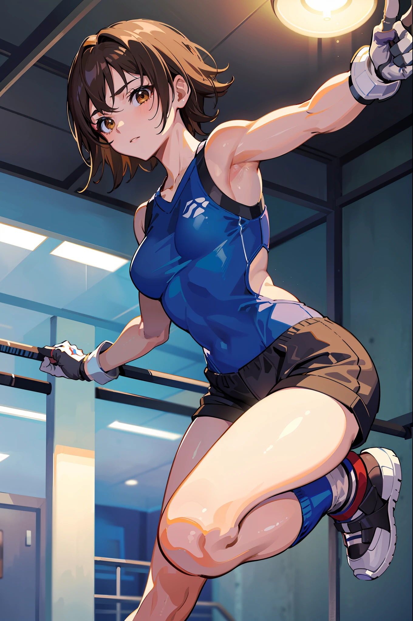 (masterpiece, premium quality: 1.2), alone, strong, 1girl (Kazama Asuka), short brown hair, brown eyes, crouched in the gym, armps up, armpit, wearing short top, shorts, (gloves: 1.1).