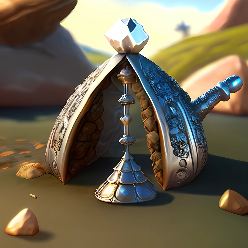 glass anthill, a silver shiny sword stuck in stone, jewels, game design, high quality, fantasy magic 3D