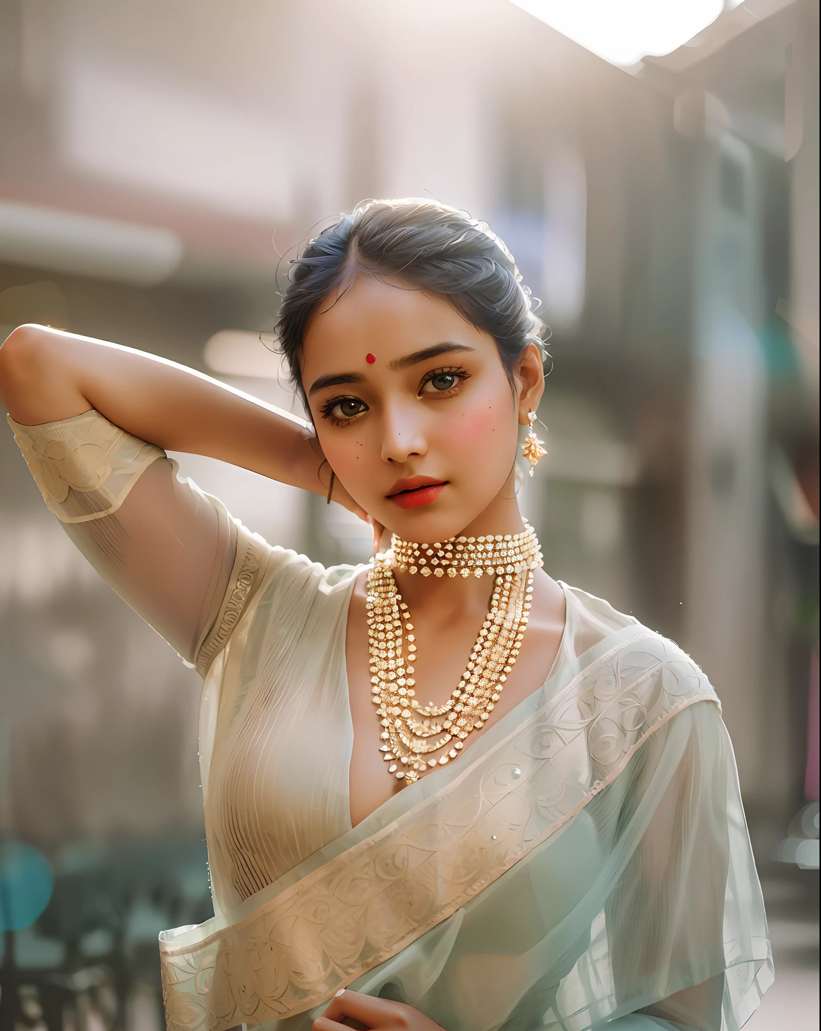 Best quality, masterpiece, ultra high res, (photorealistic:1.4), raw photo, 1girl, offshoulder, in the dark, deep shadow, low key, cold light, at Allen career institute Kota Rajasthan