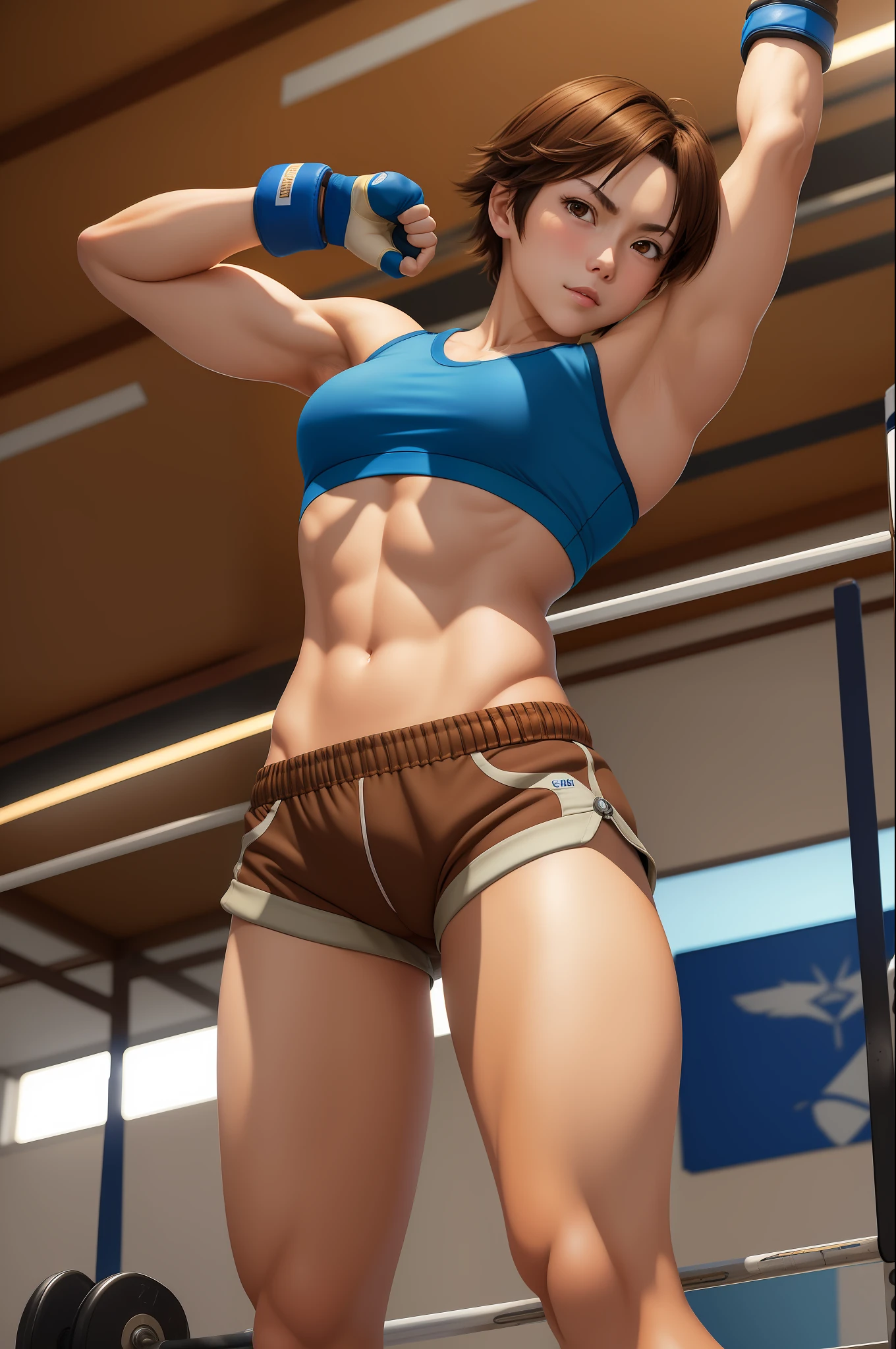 (masterpiece, premium quality: 1.2), alone, strong, 1girl (Kazama Asuka), short brown hair, brown eyes, crouched in the gym, armps up, armpit, wearing short top, shorts, (gloves: 1.1).