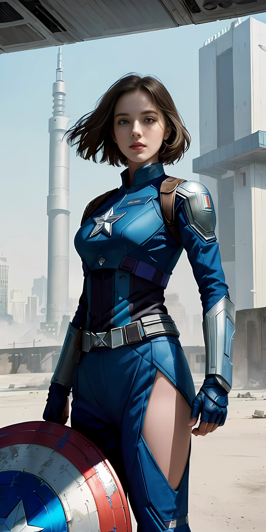 (1girl:1.3), solo, __body-parts__, official art, unified 8k wallpaper, super detailed, beautiful and aesthetic, beautiful, masterpiece, best quality, raw, masterpiece, super fine photo, best quality, super high resolution, photorealistic realism, sunlight, full-body portrait, amazing beauty, dynamic pose, delicate face, vibrant eyes, (from the front), she wears a futuristic Captain America jersey, blue color scheme, (holding a shield), A capital A on chest, very detailed abandoned warehouse background, detailed face, detailed complex busy background, messy, gorgeous, milky white, highly detailed skin, realistic skin details, visible pores, sharp focus, volumetric fog, 8k uhd, DSLR camera, high quality, film grain, fair skin, photo realism, lomography, huge metropolis in future dystopia, seen from below, translucent