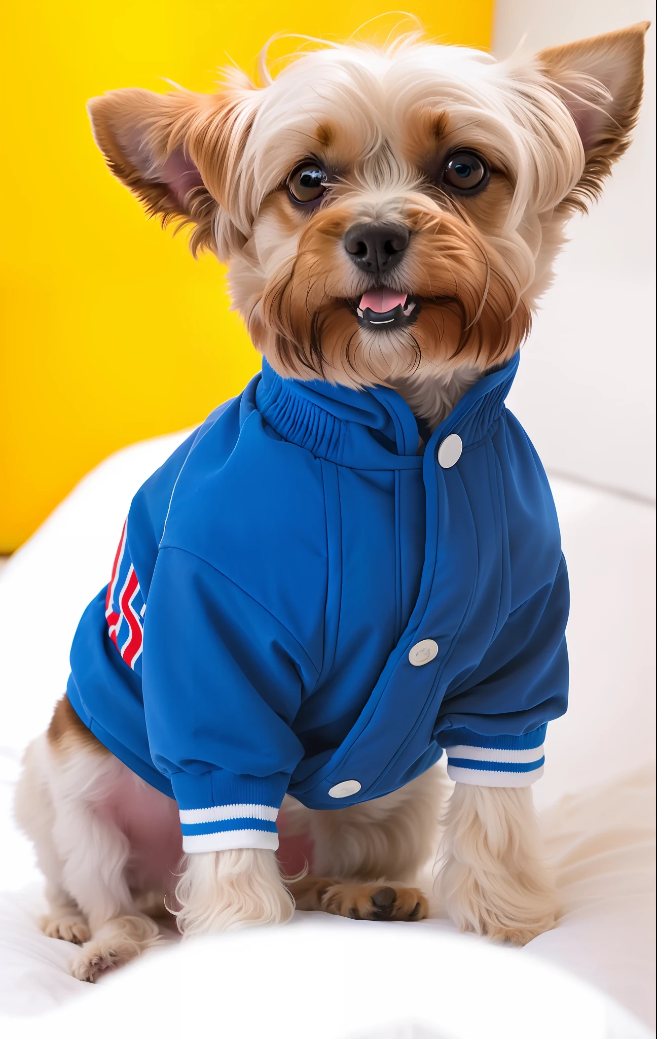 there is a small dog wearing a blue shirt on a bed, wearing blue jacket, blue jacket, wearing a blue jacket, sporty, sports team mascot, on the tennis coat, eeri, zoomed out shot, mid shot portrait, four legged, sports mascot, sweat, wearing track and field suit, medium close-up shot, a dog, portrait shot
