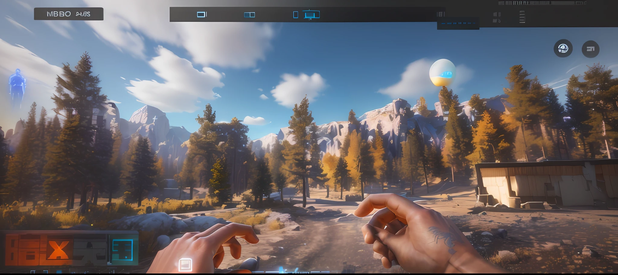 arafed view of a person's hand reaching for something in a virtual world, first - person view, first-person view, first person view, first person screenshot, on realistic hud, fps view, 9 0 degrees fov, in-game, in - game, ultra-realistic graphics, realistic unreal engine 3 d game, highly detailed environment