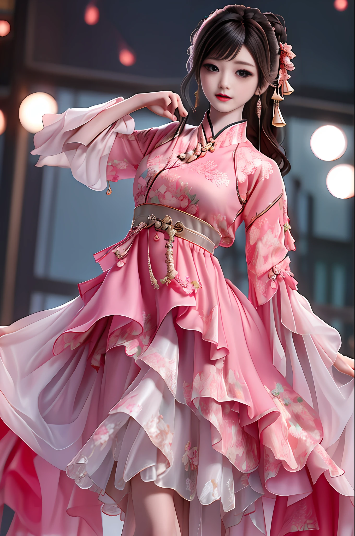 Masterpiece, best quality, newchinesestylesuit, 1girl, looking at the audience, full body, gray background, sun gold skirt, pink sweatshirt