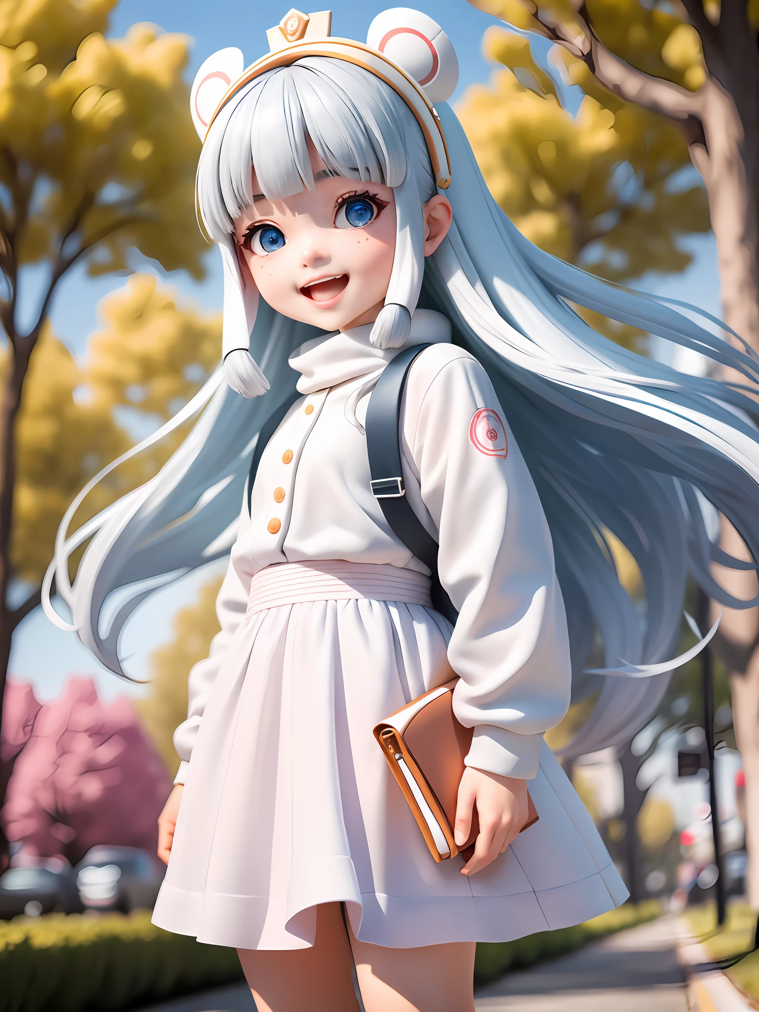 (Daisaku), (Extreme), (Ultra Detailed), (Prime: 1.9), 1girl, Sunshine, Cute, White, (Big Head: 1.8), Doll, Smile, Open Mouth, Urban, Fashion, Sports Coat, Blush, Tree, Shirt, Long Hair, Red, White Headdress, Blurry, Long Sleeves, Bangs, White Hair, (Beautiful and Delicate Face), (Beautiful Delicate Eyes),