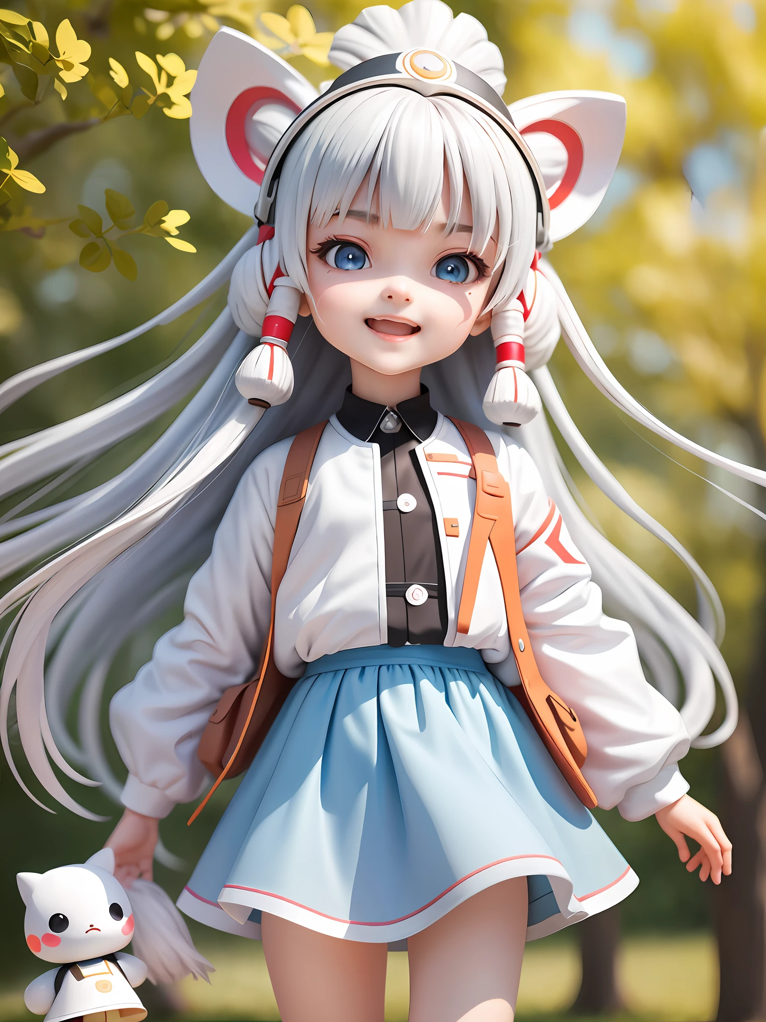 (Daisaku), (Extreme), (Ultra Detailed), (Prime: 1.9), 1girl, Sunshine, Cute, White, (Big Head: 1.8), Doll, Smile, Open Mouth, Urban, Fashion, Sports Coat, Blush, Tree, Shirt, Long Hair, Red, White Headdress, Blurry, Long Sleeves, Bangs, White Hair, (Beautiful and Delicate Face), (Beautiful Delicate Eyes),