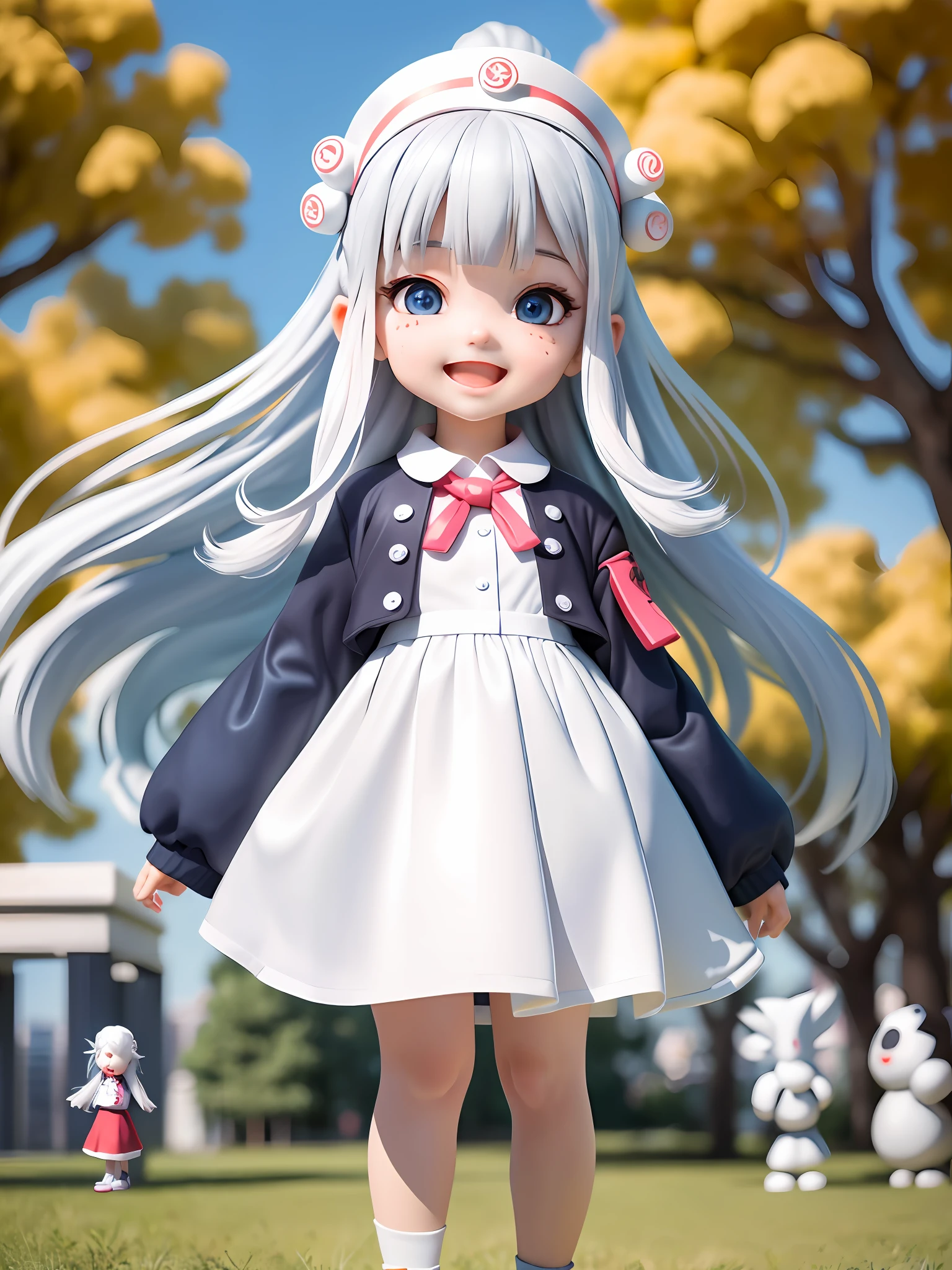 (Daisaku), (Extreme), (Ultra Detailed), (Prime: 1.9), 1girl, Sunshine, Cute, White, (Big Head: 1.8), Doll, Smile, Open Mouth, Urban, Fashion, Sports Coat, Blush, Tree, Shirt, Long Hair, Red, White Headdress, Blurry, Long Sleeves, Bangs, White Hair, (Beautiful and Delicate Face), (Beautiful Delicate Eyes),