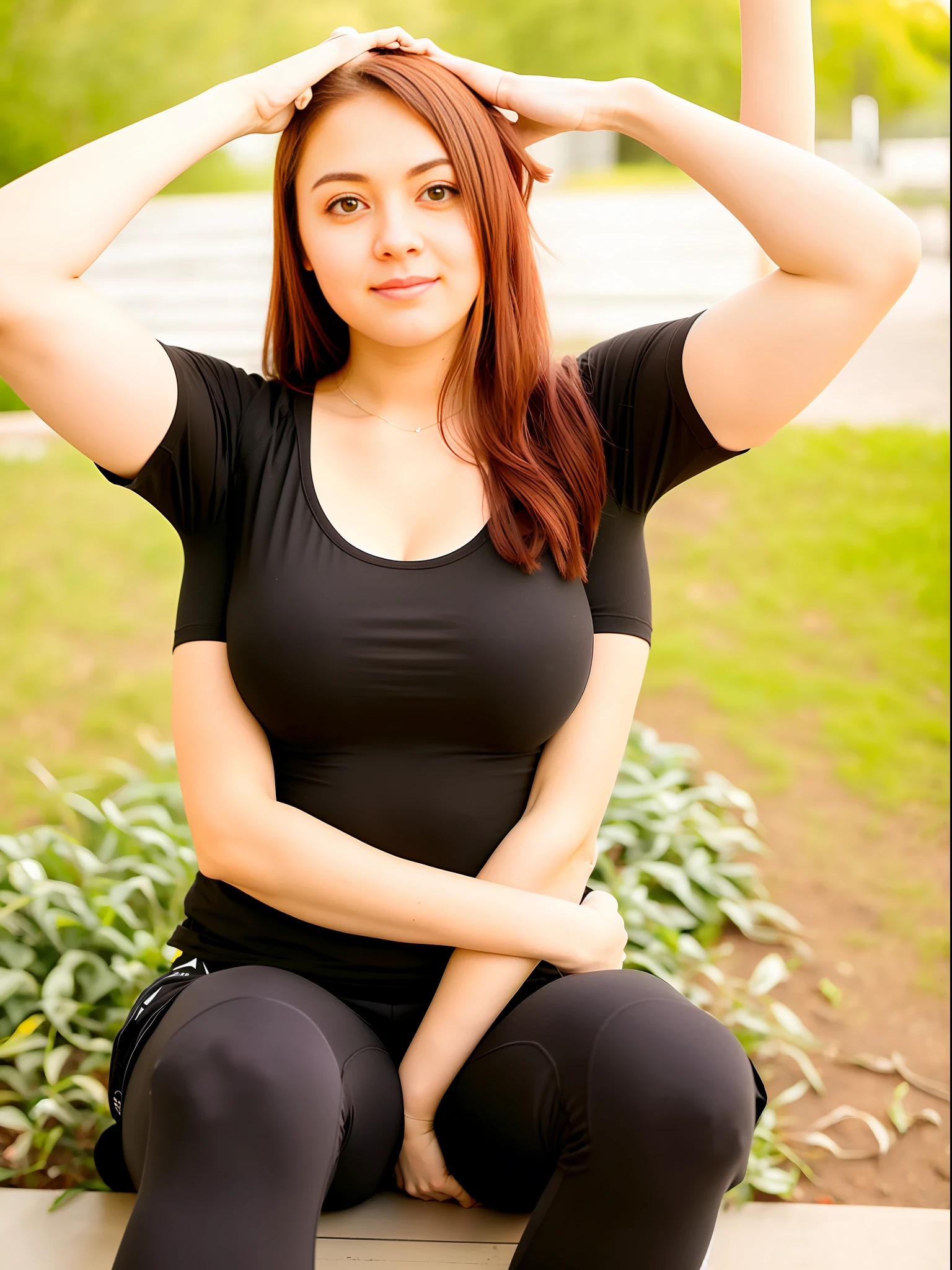 (multiarm:1.2) woman, four arms, anime, casual clothes, t-shirt, leggings, solo, double v, double peace sign, arms folded, sitting, hugging knee, from above, looking at viewer, mudra