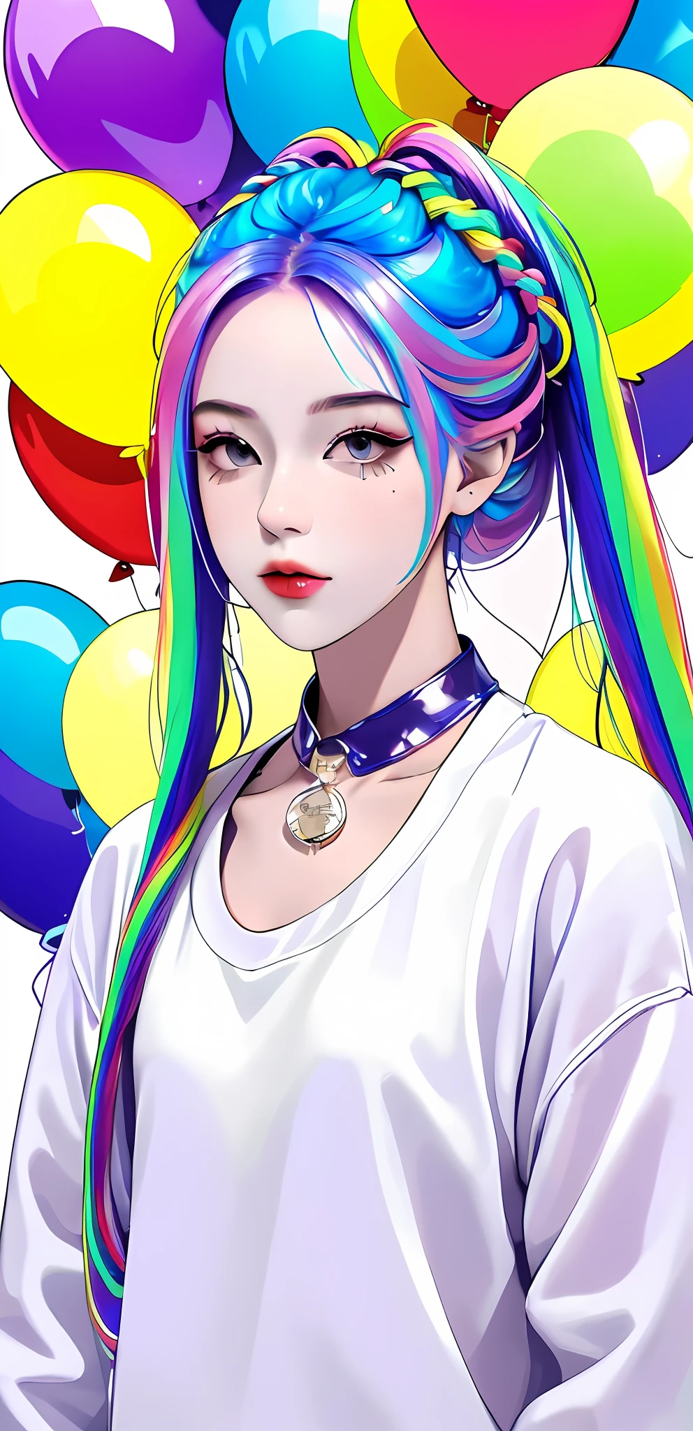 masterpiece, best quality,
1 girl, pretty and cute, (rainbow color Hair,colorful hair:1.4), wearing blue and purple sunglasses, yellow jacket with white pattern, white sweater, many colored balloons, doll face, ponytail braid, perfect detail eyes, delicate face, perfect cg, HD quality, colored balloons, sky