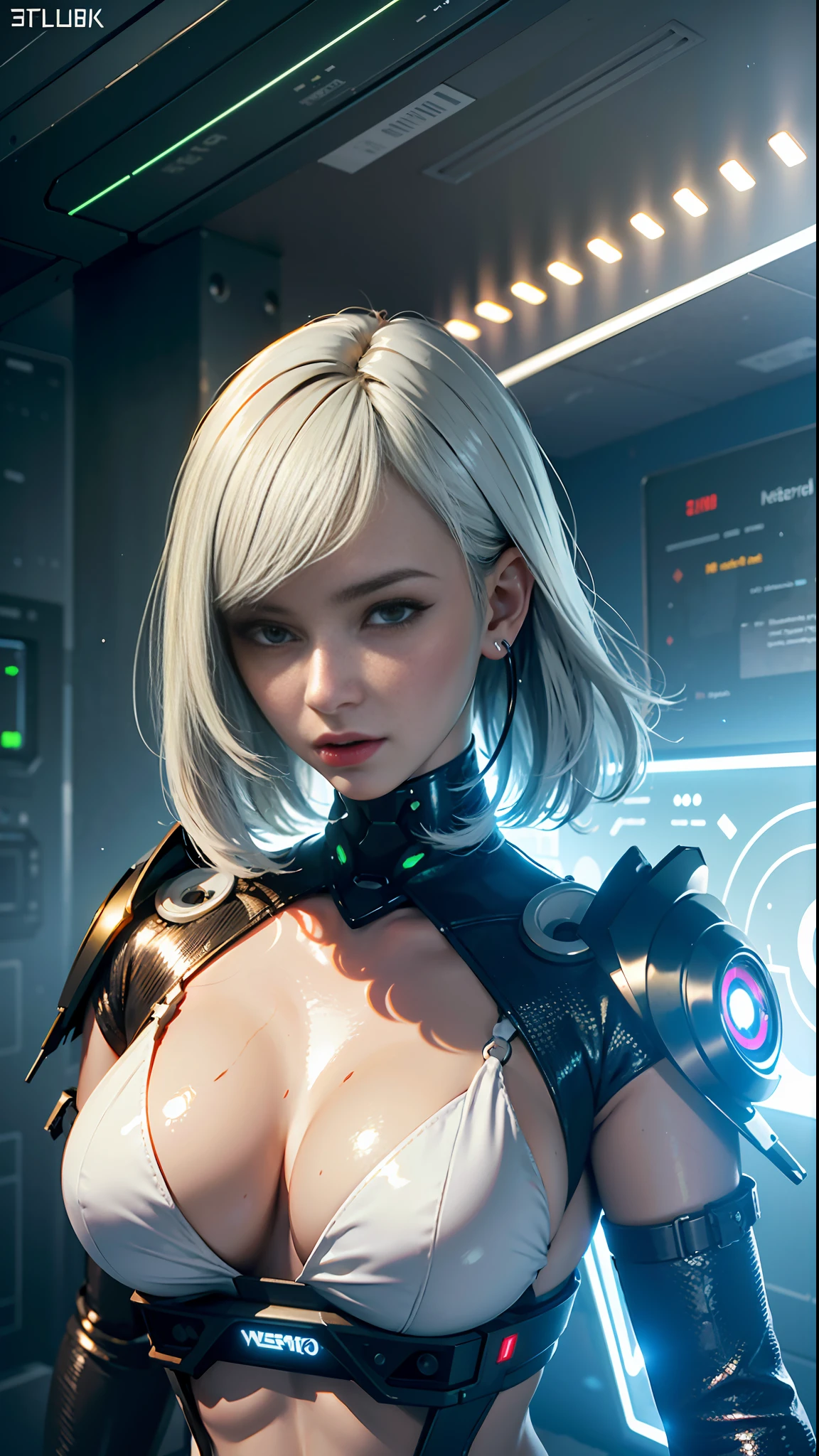 ((Best quality)), ((masterpiece)), (highly detailed:1.3), 3D, beautiful (cyberpunk:1.3) female hacker with thick voluminous hair operating a computer terminal, computer servers, LCD screens, fibre optic cables, corporate logos,HDR (High Dynamic Range),Ray Tracing,NVIDIA RTX,Super-Resolution,Unreal 5,Subsurface scattering,PBR Texturing,Post-processing,Anisotropic Filtering,Depth-of-field,Maximum clarity and sharpness,Multi-layered textures,Albedo and Specular maps,Surface shading,Accurate simulation of light-material interaction,Perfect proportions,Octane Render,Two-tone lighting,Low ISO,White balance,Rule of thirds,Wide aperature,8K RAW,Efficient Sub-Pixel,sub-pixel convolution,luminescent particles,