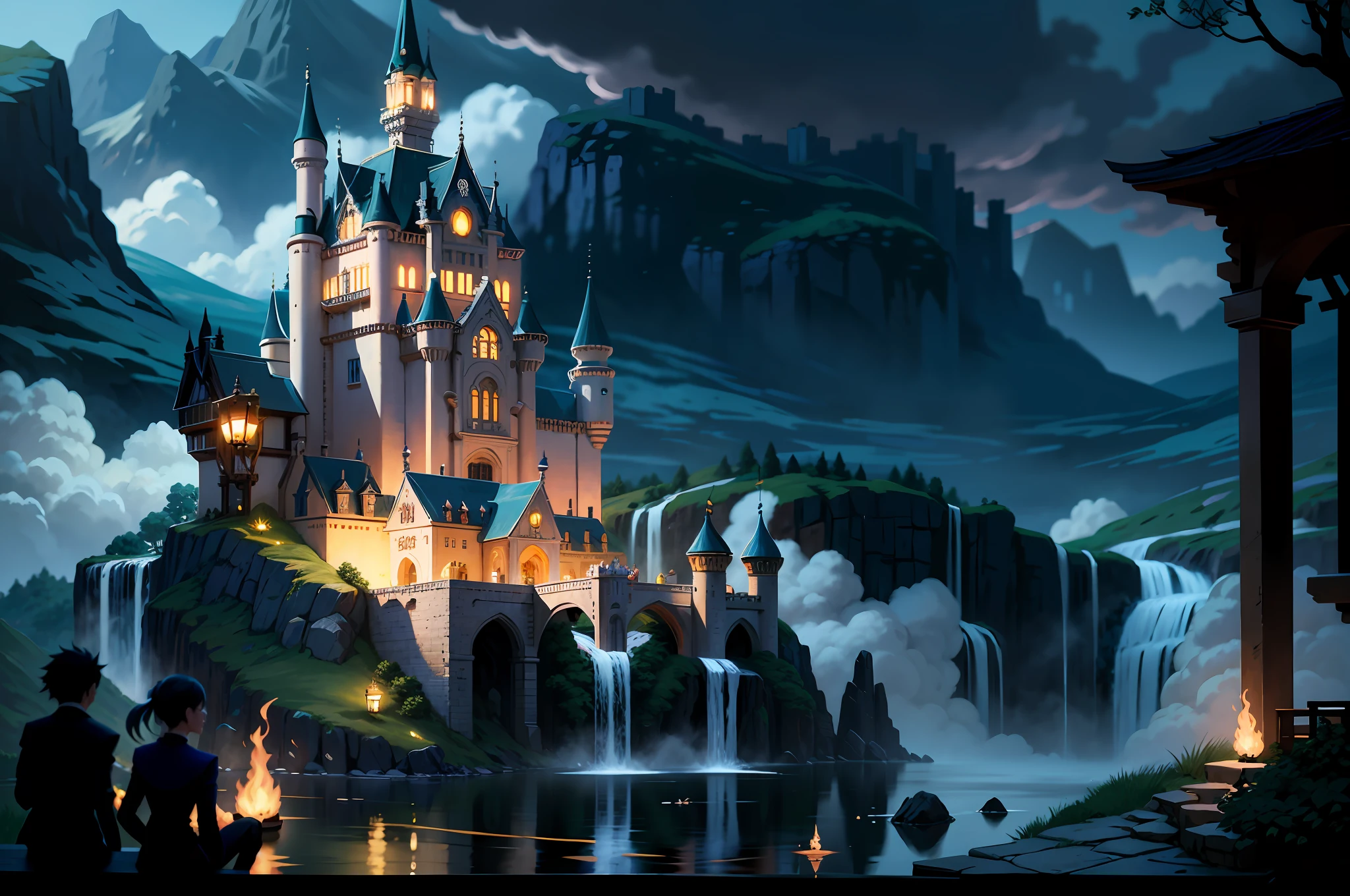 anime scene of a castle with a waterfall and a couple of people, magical castle school on a hill, castle scene manga, anime fantasy artwork, castle background, anime fantasy illustration, fairy-tale illustration style, high fantasy castle, detailed scenery —width 672, fantasy castle, 8k high quality detailed art, medeival fantasy town, fantasy matte painting,cute
