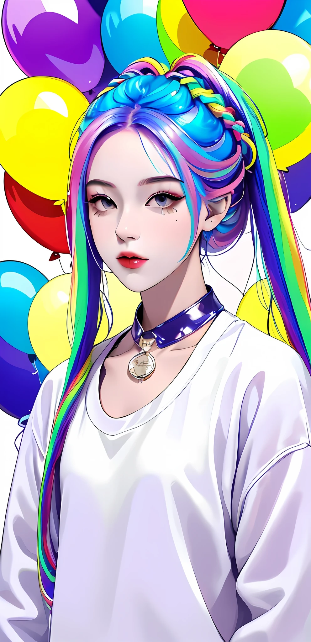 Masterpiece, best quality,
1 girl, pretty and cute, wearing blue and purple sunglasses, yellow jacket with white pattern, white sweater, many colorful balloons, baby face, ponytail, perfect detail eyes, delicate face, perfect CG, HD quality, color balloon, sky