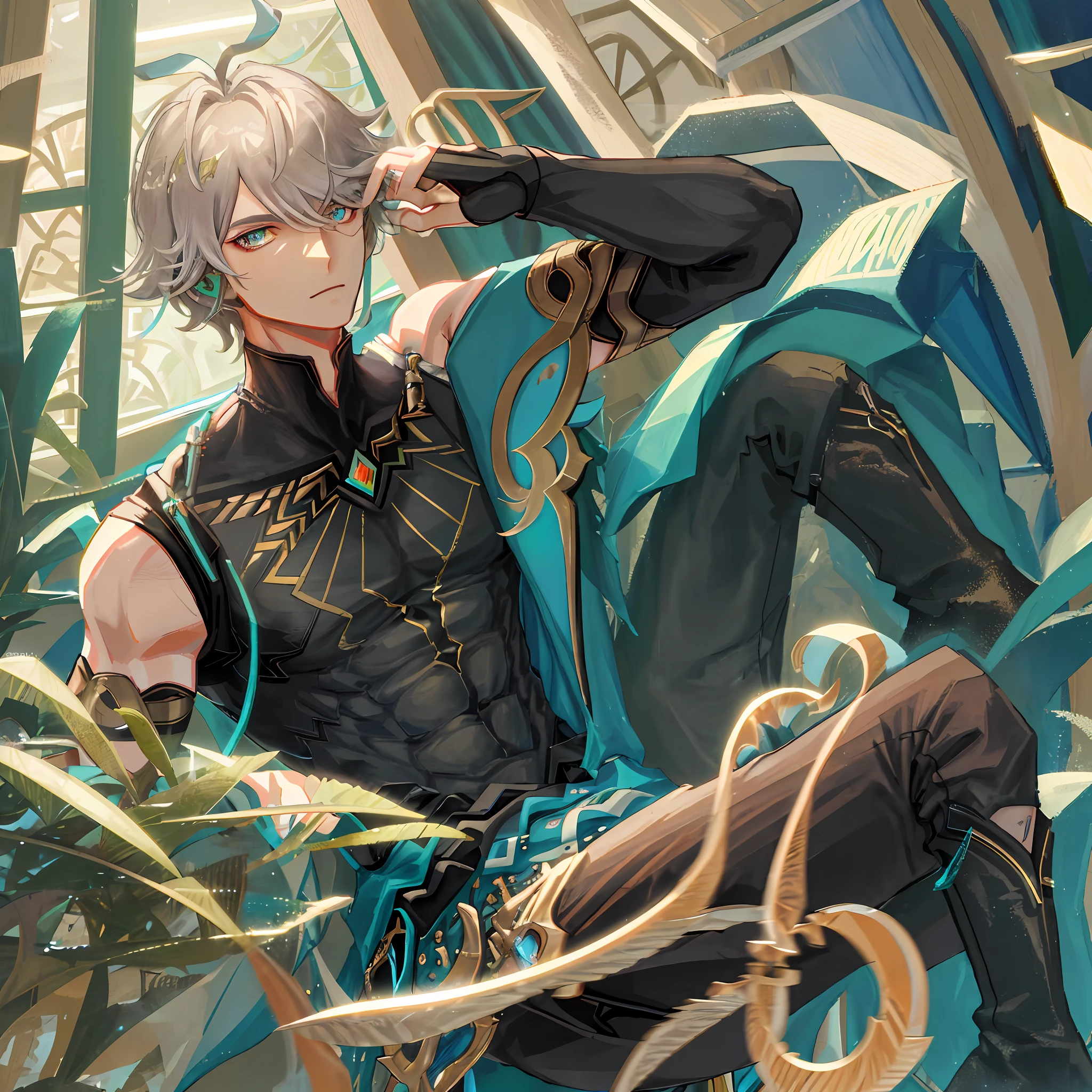 masterpiece, best quality,alhaitham\(genshin impact\), 1boy, male focus, shirt, solo, gloves, sleeveless shirt, sitting, grey hair, sleeveless, ahoge, black shirt, bangs, black gloves, indoors, fingerless gloves, black pants, pants, swept bangs, boots, bare shoulders, short hair, knee up, elbow gloves,(kbxll:0.6)
