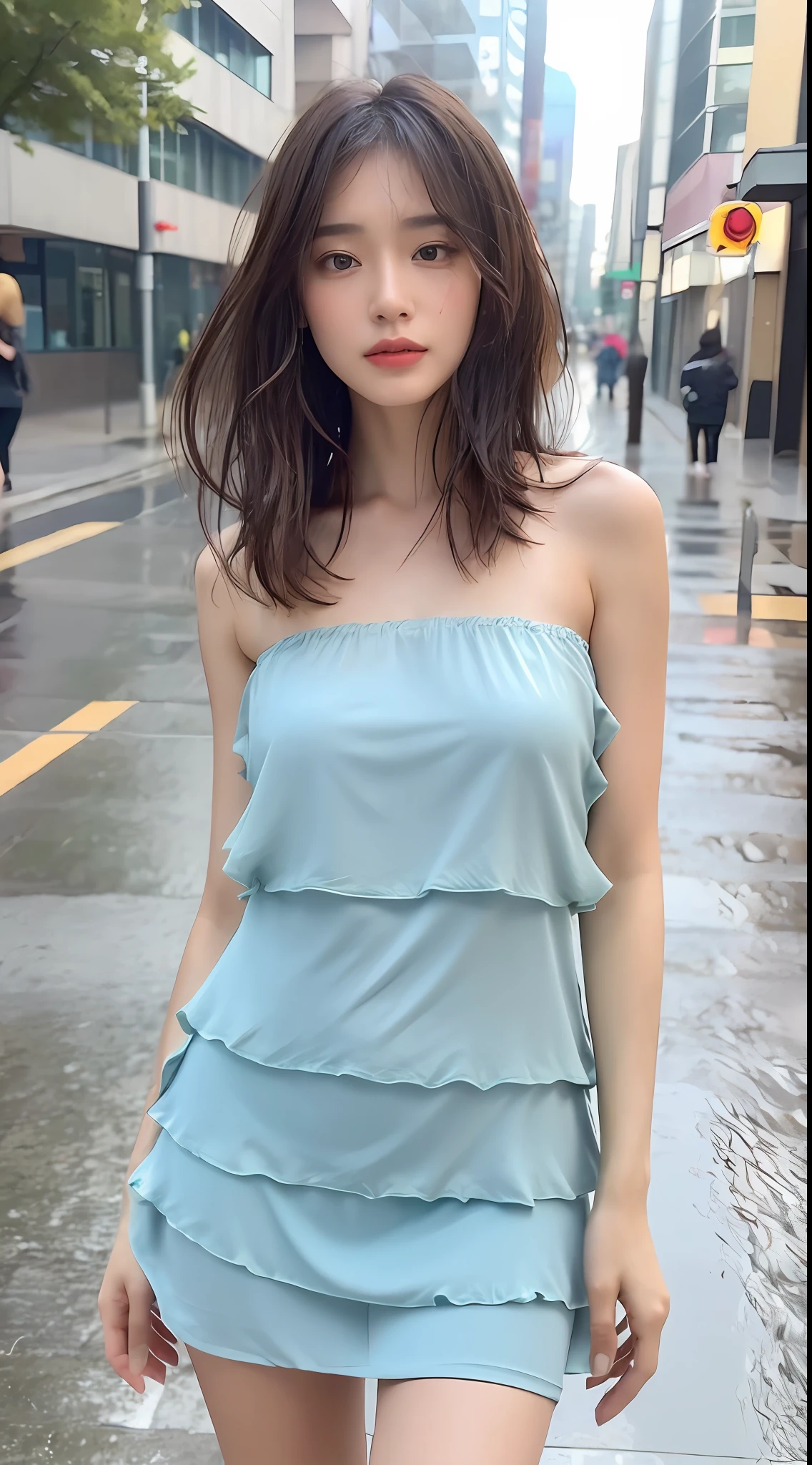((Best Quality, 8K, Masterpiece:1.3)), Focus: 1.2, Perfect Body Beauty: 1.4, Buttocks: 1.2, ((Layered Haircut, Breasts: 1.2)), (Wet Clothes: 1.1) , (Rain, Street:1.3), Bandeau Dress: 1.1, Highly Detailed Face and Skin Texture, Delicate Eyes, Double Eyelids, Whitened Skin, Long Hair