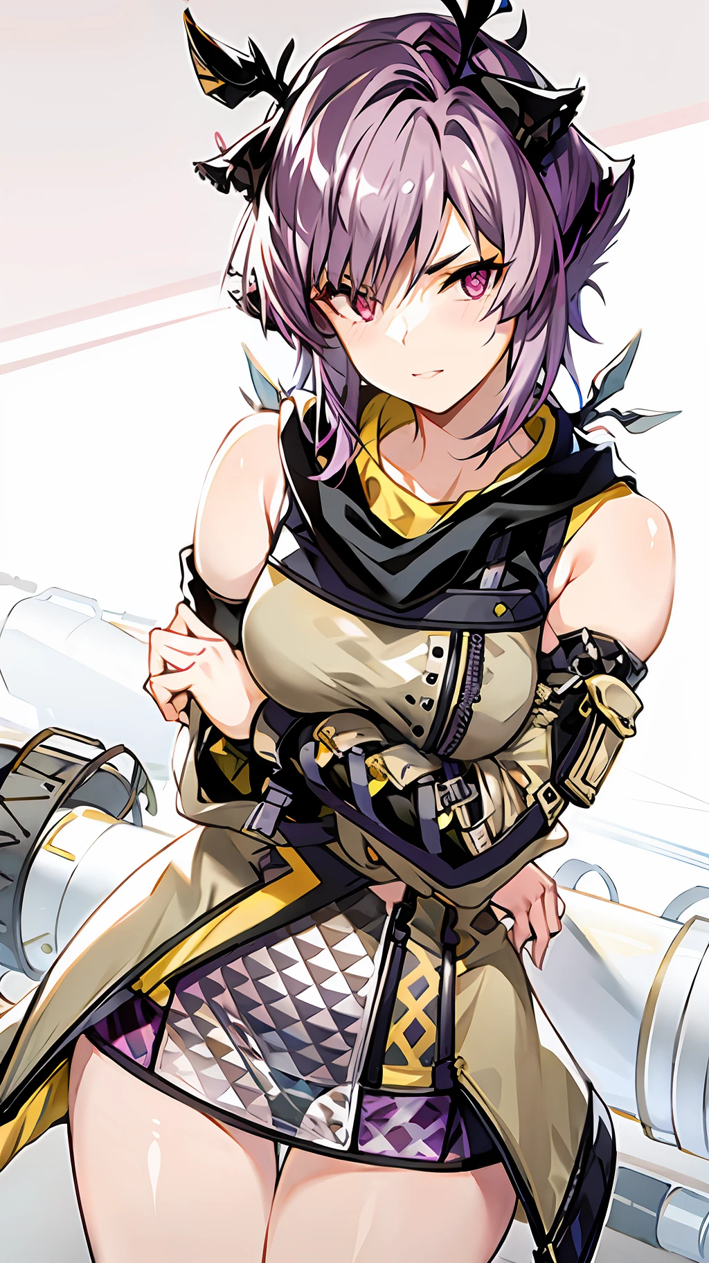Short purple hair, fierce, female, mature, short skirt, bust figure, double eyelids, Shinkai Makoto style