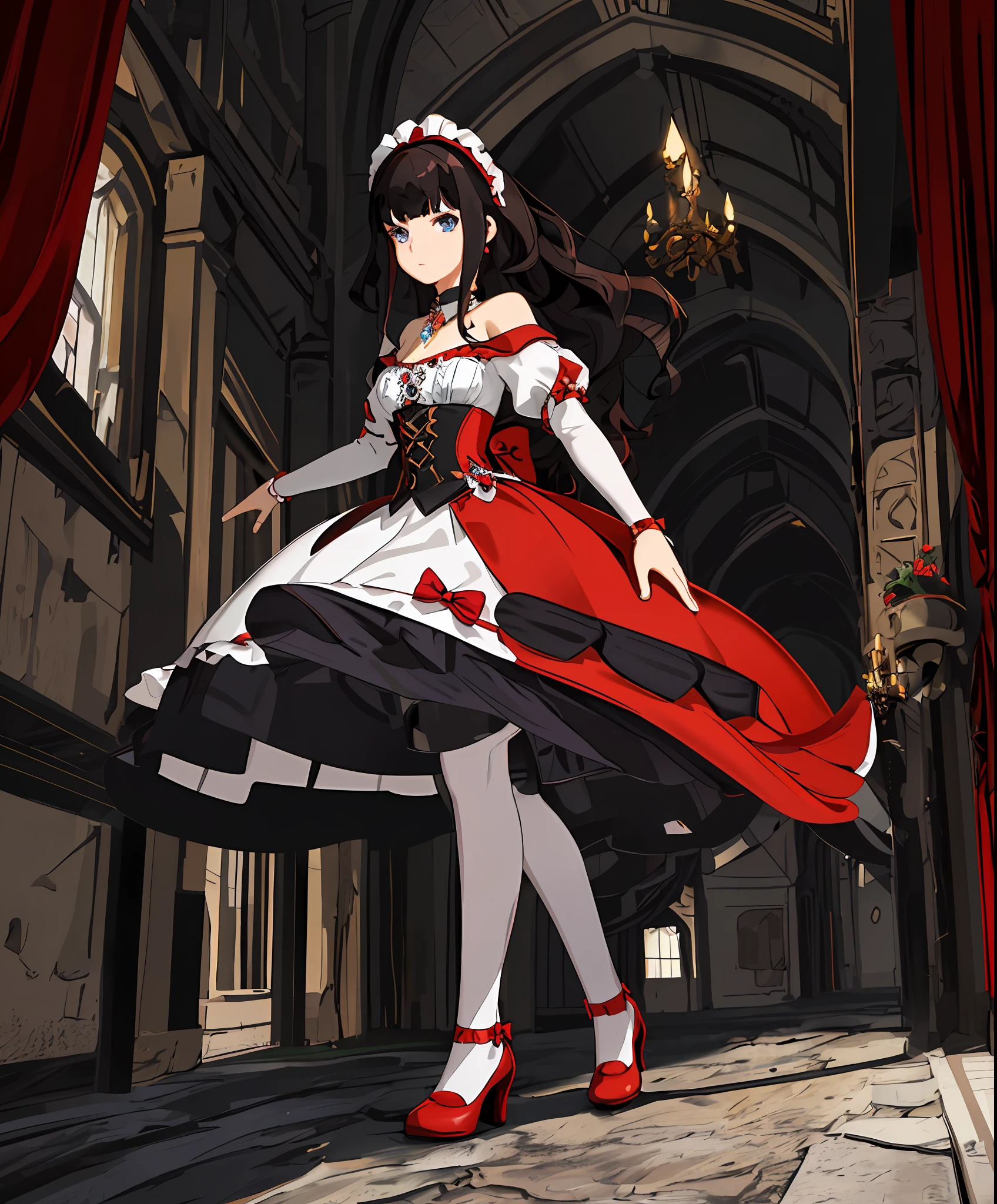 masterpiece, best quality, 1girl, medieval times, full body, curly hair, jewelry, gem, red and black dress, off-shoulder, bow, white pantyhose, horizontal-striped pantyhose, puffy sleeves, blunt bangs, detached collar, maid headdress, red bow, red collar, white shoes, corset, blue eyes, black hair, long hair,