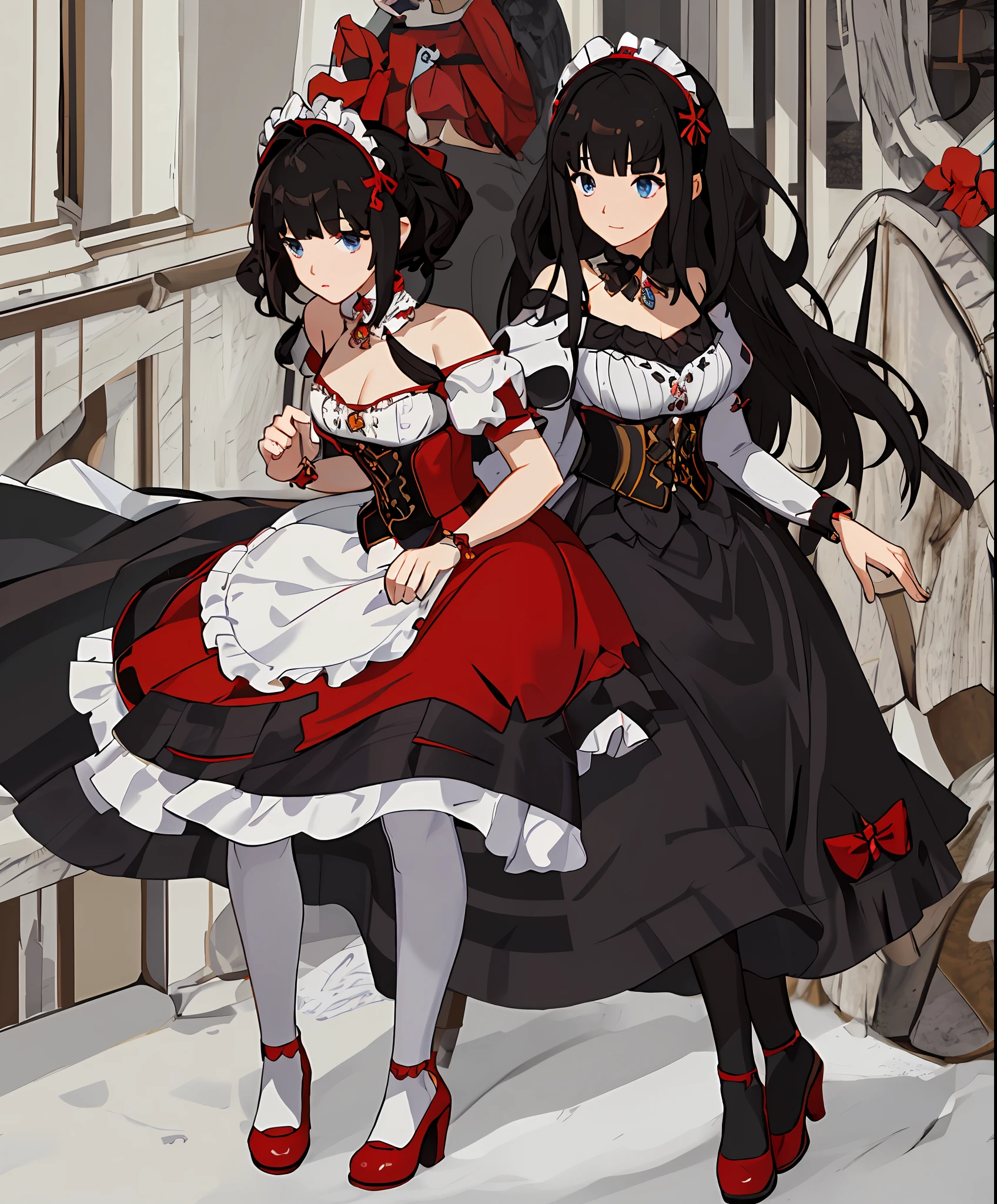 masterpiece, best quality, 1girl,  medieval times, full body, curly hair, jewelry, gem, red and black dress, off-shoulder, bow, white pantyhose, horizontal-striped pantyhose, puffy sleeves, blunt bangs, detached collar, maid headdress, red bow, red collar, white shoes, corset, blue eyes,  black hair, long hair,