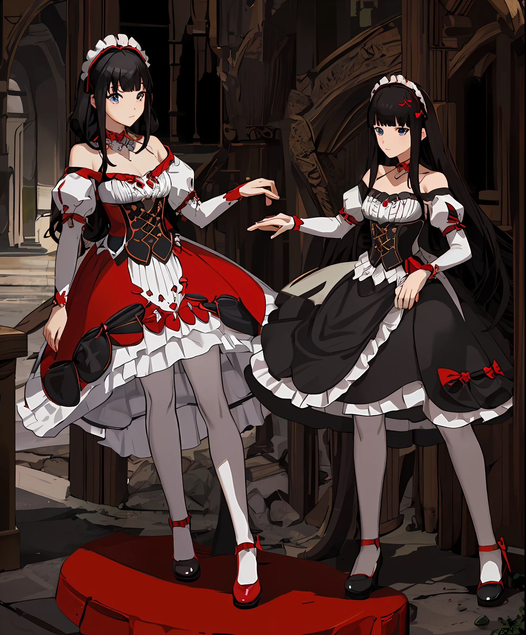 masterpiece, best quality, 1girl,  medieval times, full body, curly hair, jewelry, gem, red and black dress, off-shoulder, bow, white pantyhose, horizontal-striped pantyhose, puffy sleeves, blunt bangs, detached collar, maid headdress, red bow, red collar, white shoes, corset, blue eyes,  black hair, long hair,