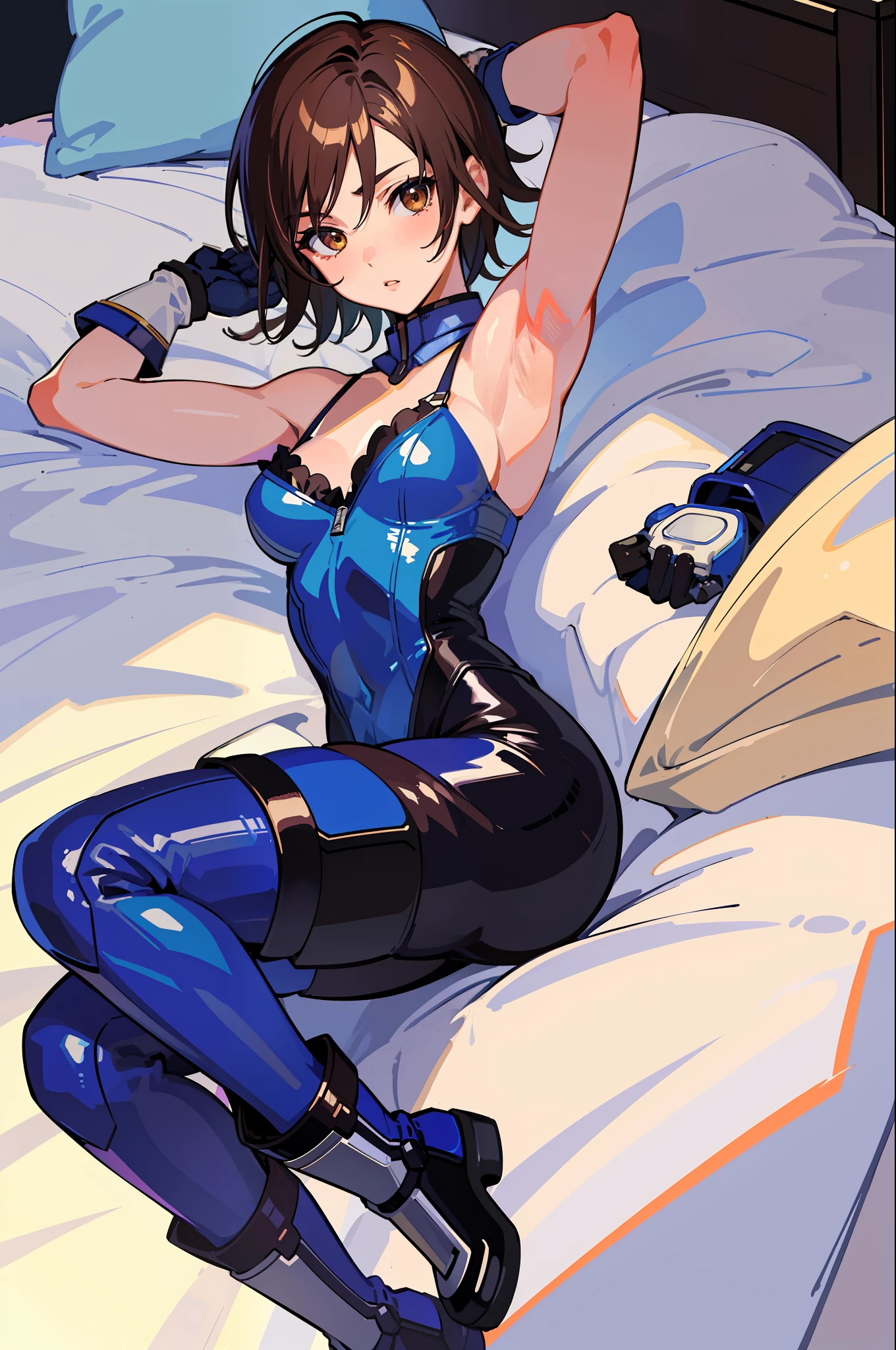 (masterpiece, premium quality: 1.2), alone, strong, 1girl (Kazama Asuka), short brown hair, brown eyes, lying in bed in blue lingerie, armps up, armpit, (gloves: 1.1, boots:1:1).