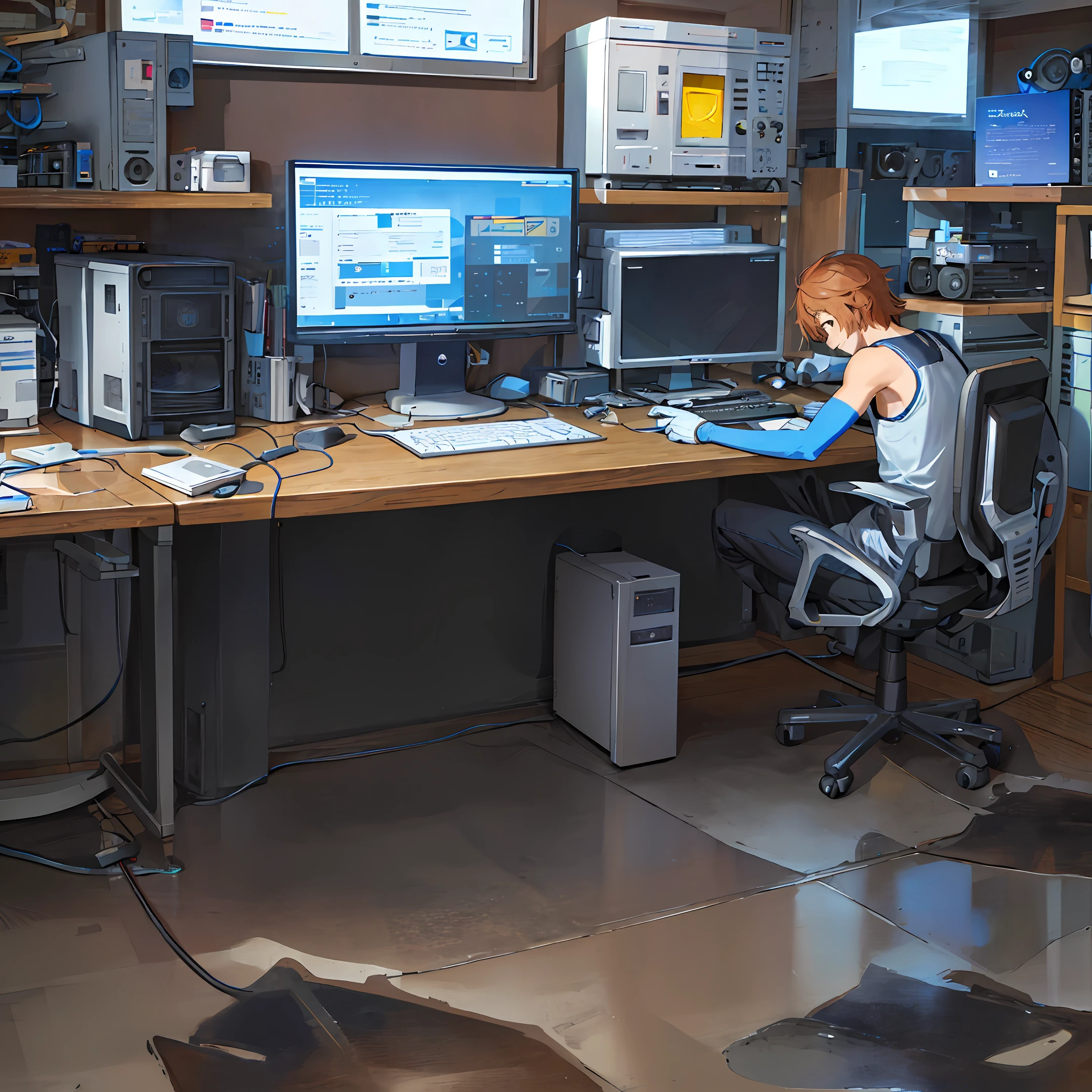 arafed man fixing a computer in a room with a desk, computer graphics by Joe de Mers, shutterstock, computer art, it specialist, professional image, disassemble the computer, using his desktop pc, repairing the other one, broken computers and cables, advanced technology, computer components, computer equipment