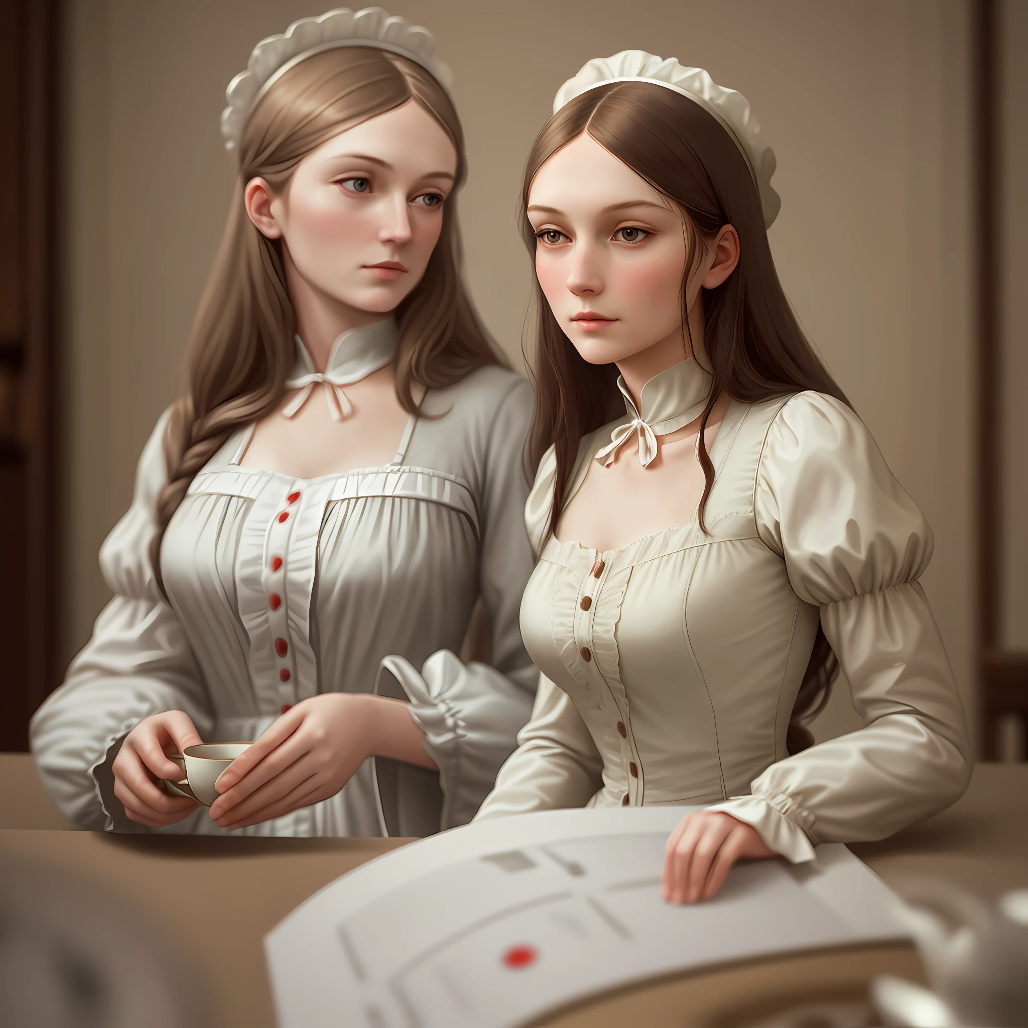 Amazingly beautiful girl from England, Florence Nightingale, (realistic face)), big, tea time, damp, white formal shirt, loose collar buttons, nipple bumps, long loose hair, (delicate illustrations: 1.4), (Renaissance art: 1.4), (ultra high resolution: 1.2), (photorealistic: 1.4), (8K, RAW photos: 1.2), ( Soft Focus: 1.4), (18 years old: 1.3), (Sharp Focus: 1.4), Beautiful face with attention to detail, Pure Rose Face_V1