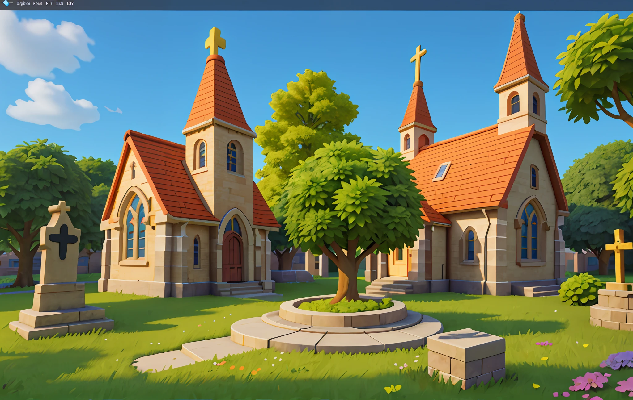 Cartoon style, polygon, game architectural design, fantasy, gorgeous church, cross decoration, stained glass, stone, brick, grass, flowers, trees, casual game style, creative, best details, cartoon style, 3d, blender, masterpiece, best quality, cartoon rendering, 8K