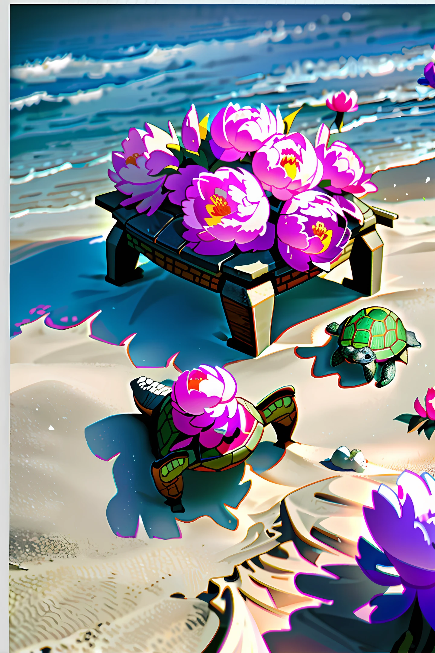 photorealistic turtle shell on sand, peony flowers around, game design, high quality, white background, dimetric view, isometric