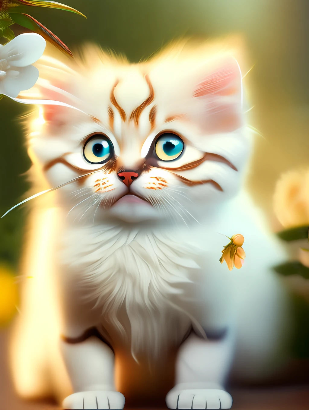 Very cute furry white tropical punk kitten, big eyes, flowers, bushes, full body, open mouth, laugh, professional light, depth of field 8k, golden magic moment, professional photography, octane rendering, super realistic - amazing sunlight, dynamic composition, photography, sharp focus, background bokeh, open mouth, laugh !!!