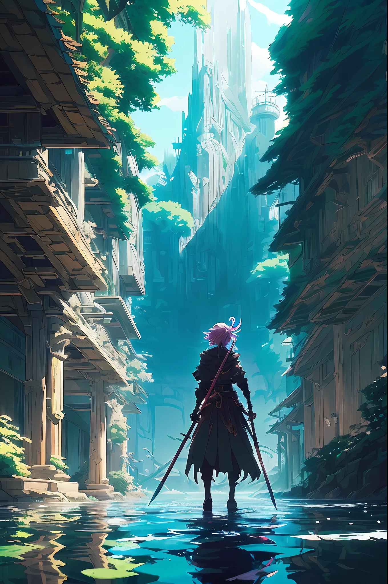 ((masterpiece, best quality)), (extremely detailed CG unity 8k wallpaper, masterpiece, best quality, ultra-detailed, best shadow), (detailed background), (beautiful detailed face, beautiful detailed eyes), High contrast, (best illumination, an extremely delicate and beautiful), (anime girl:1.2), ((anime girl with a katana walking on water, ripples, backdrop of dawn, backshot, saturn in the background, low angled illustration from demon slayer, concept art, anime, key visual, trending pixiv fanbox by wlop and greg rutkowski and makoto shinkai and studio ghibli   )), ((caustic)), dynamic angle, beautiful detailed glow,